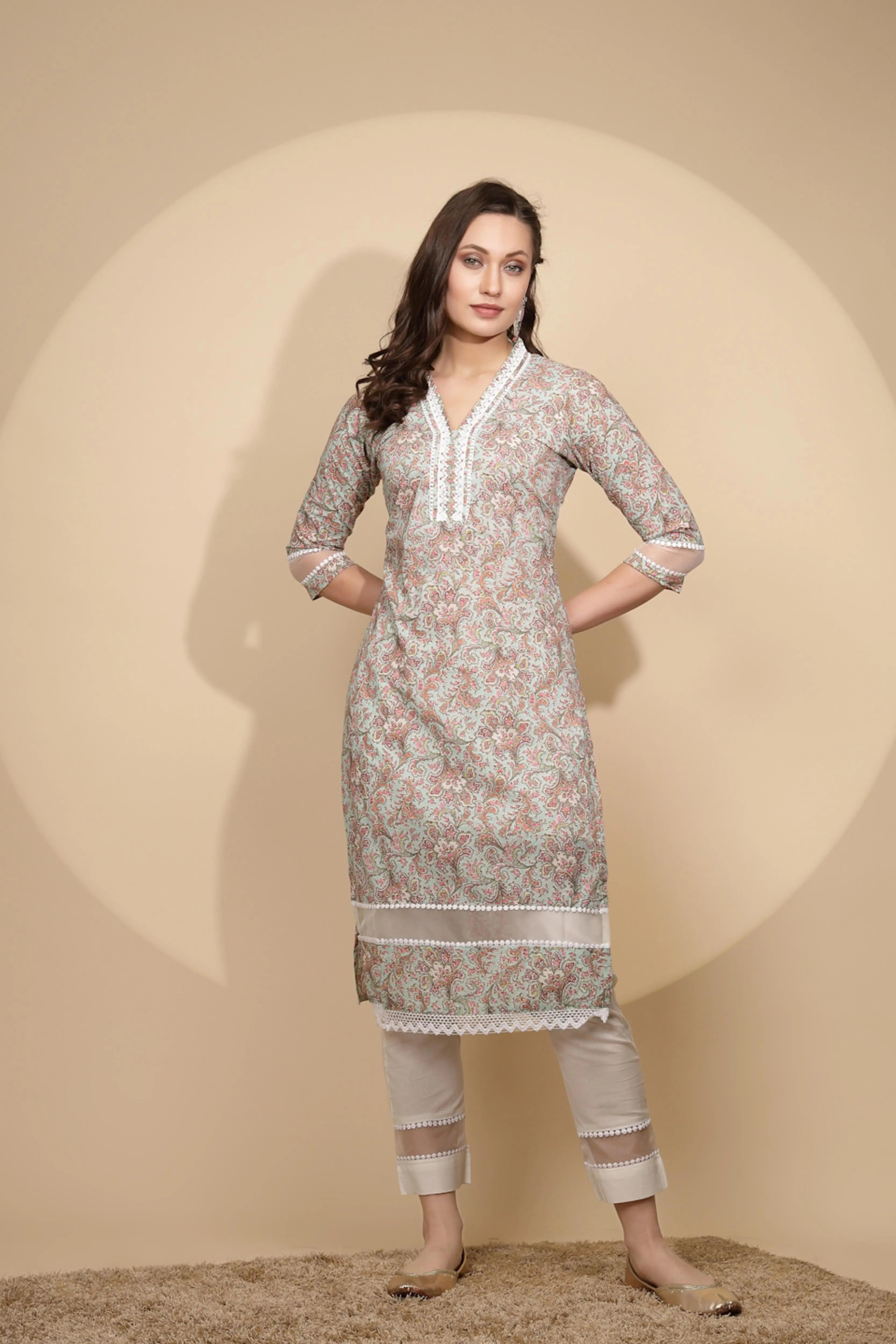 Light Green Cotton Regular Fit Kurta Set For Women - Global Republic