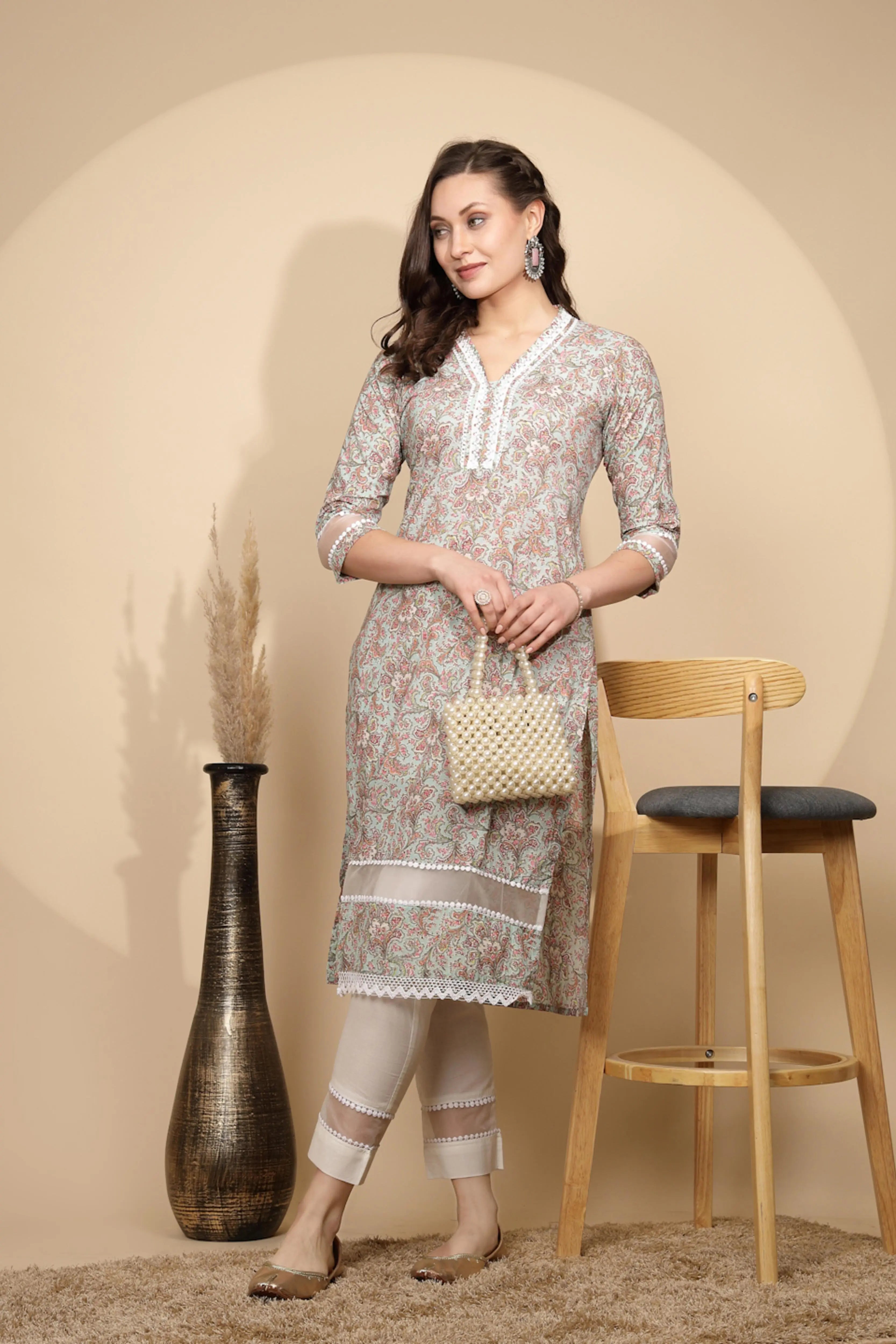 Light Green Cotton Regular Fit Kurta Set For Women - Global Republic