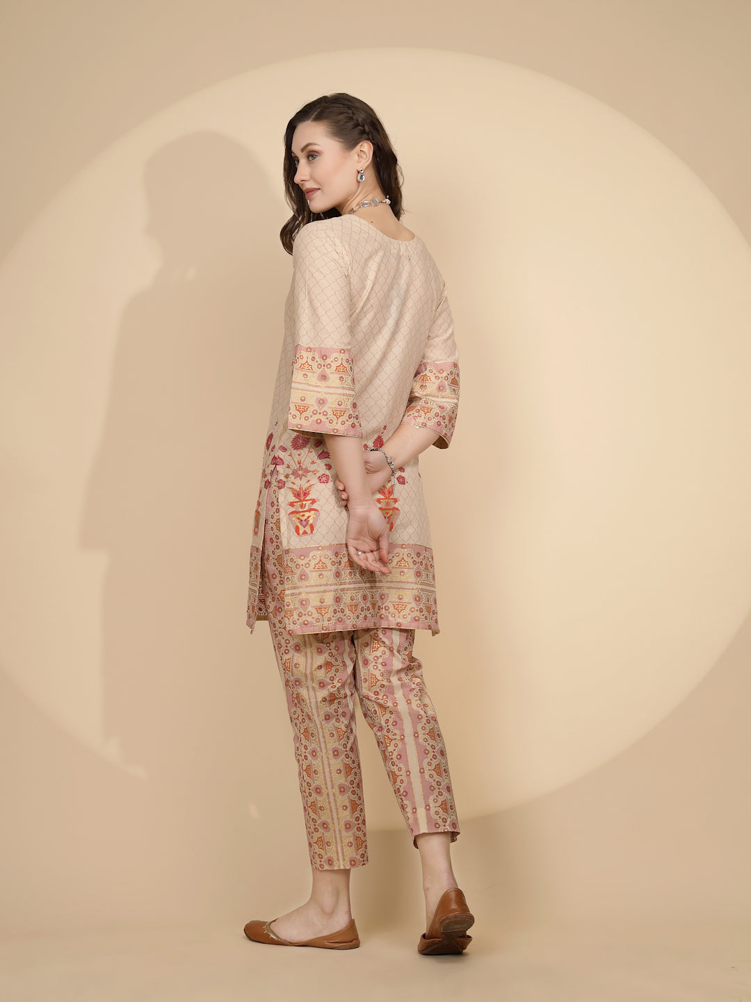 Beige Cotton Regular Fit Kurta Set For Women - Global Republic