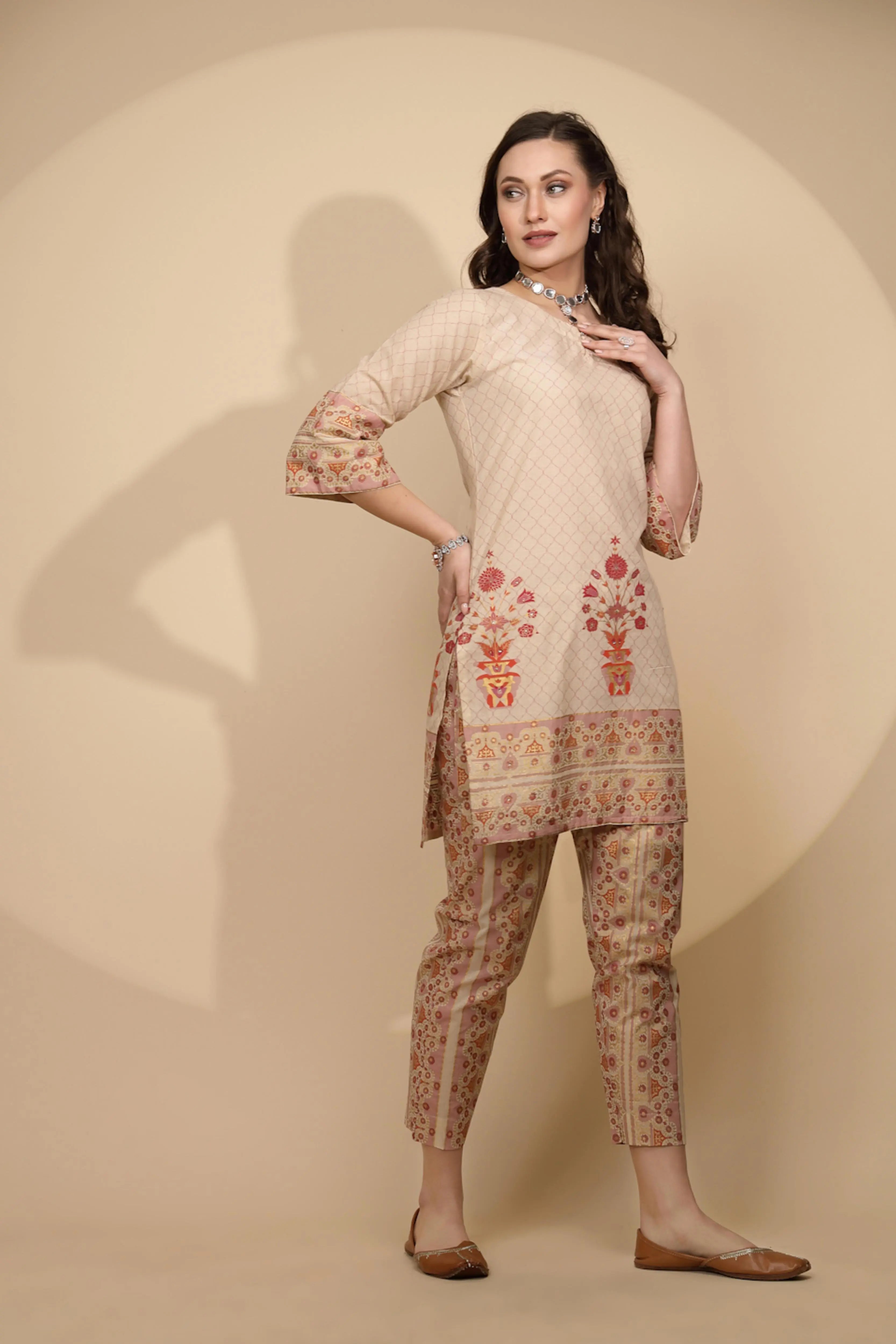 Beige Cotton Regular Fit Kurta Set For Women - Global Republic