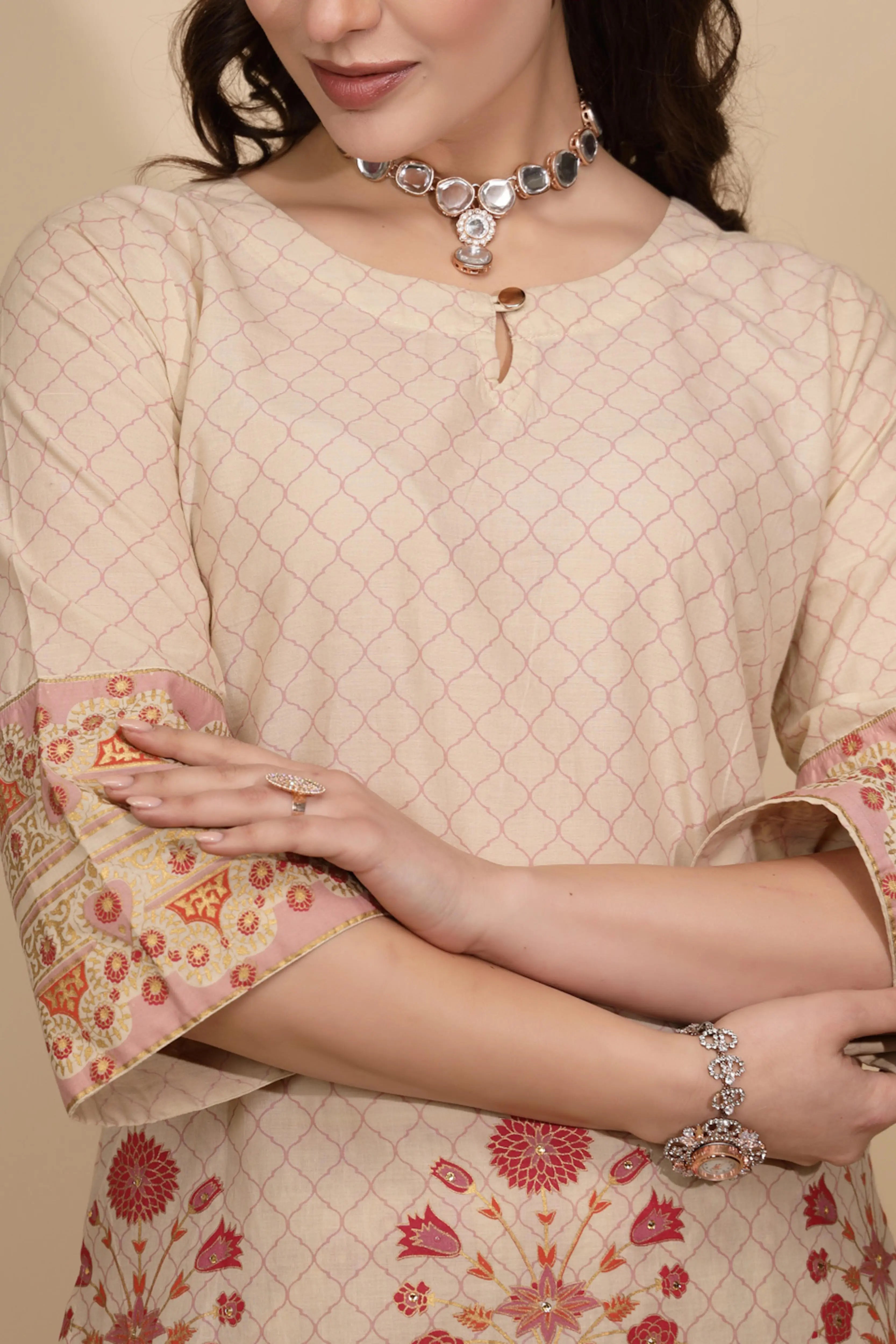 Beige Cotton Regular Fit Kurta Set For Women - Global Republic