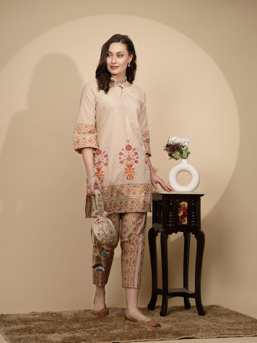 Beige Cotton Regular Fit Kurta Set For Women - Global Republic
