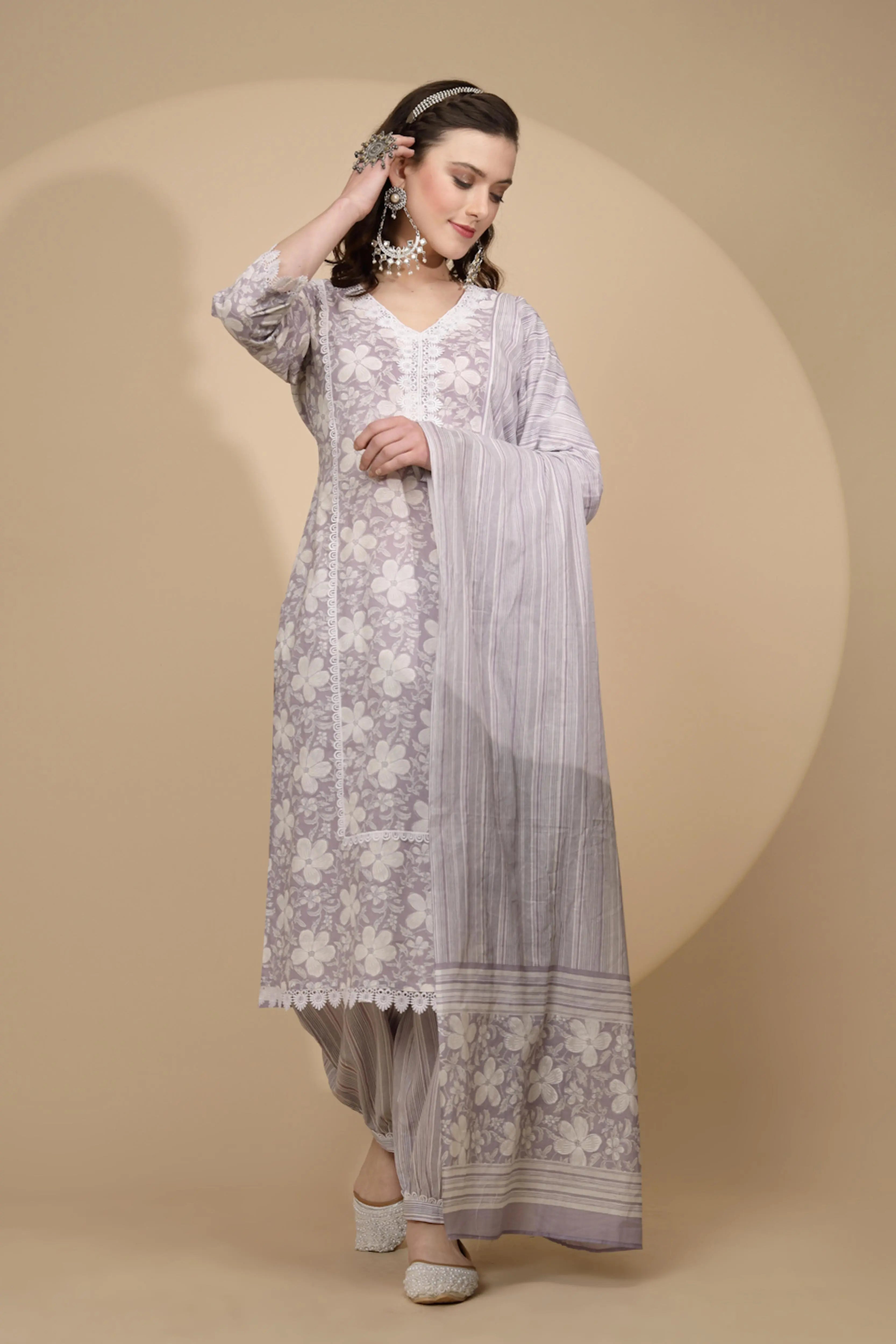Lilac Cotton Regular Fit Suit Set For Women - Global Republic