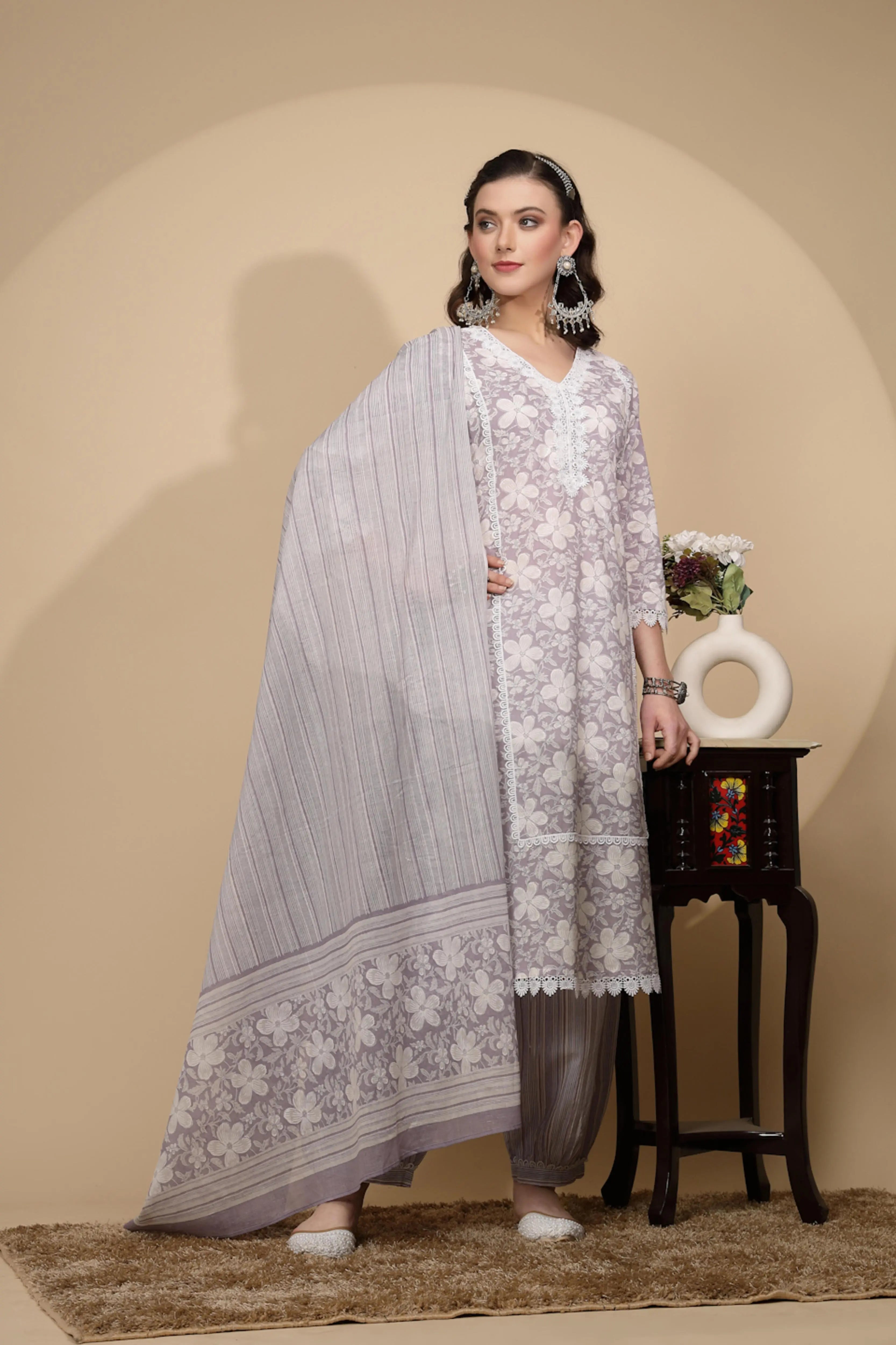 Lilac Cotton Regular Fit Suit Set For Women - Global Republic