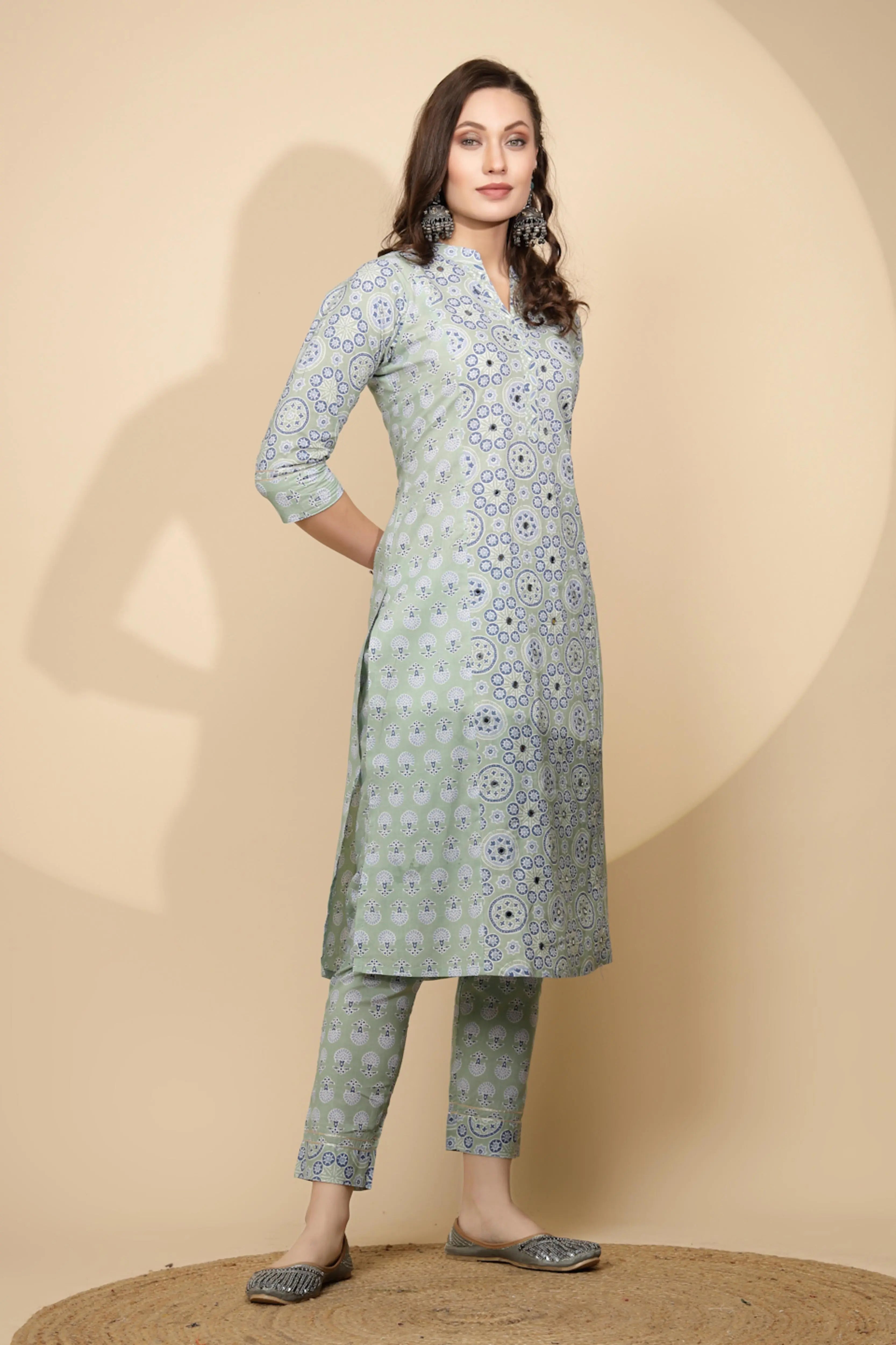 Light Blue Cotton Regular Fit Kurta Set For Women - Global Republic