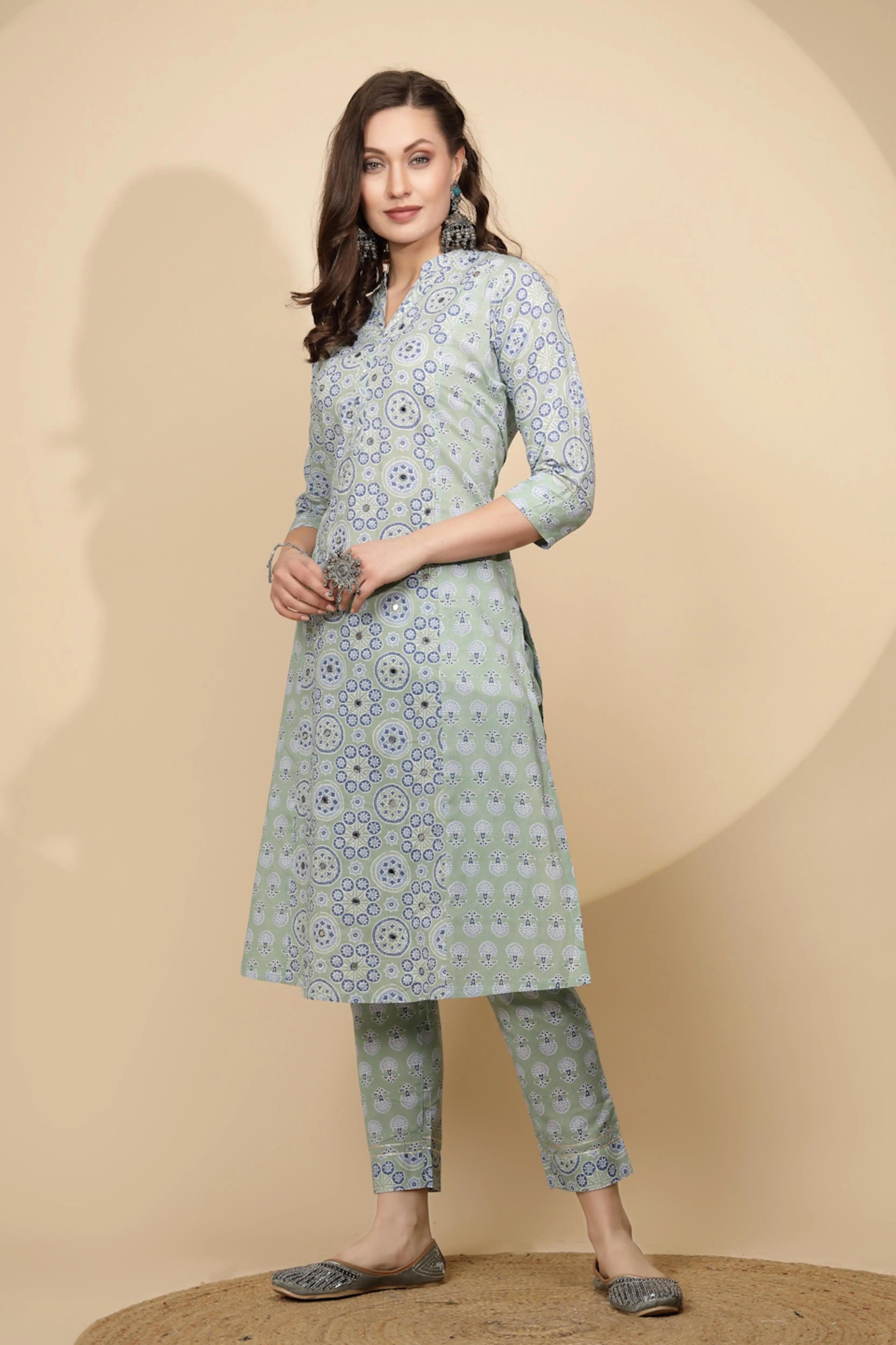 Light Blue Cotton Regular Fit Kurta Set For Women - Global Republic