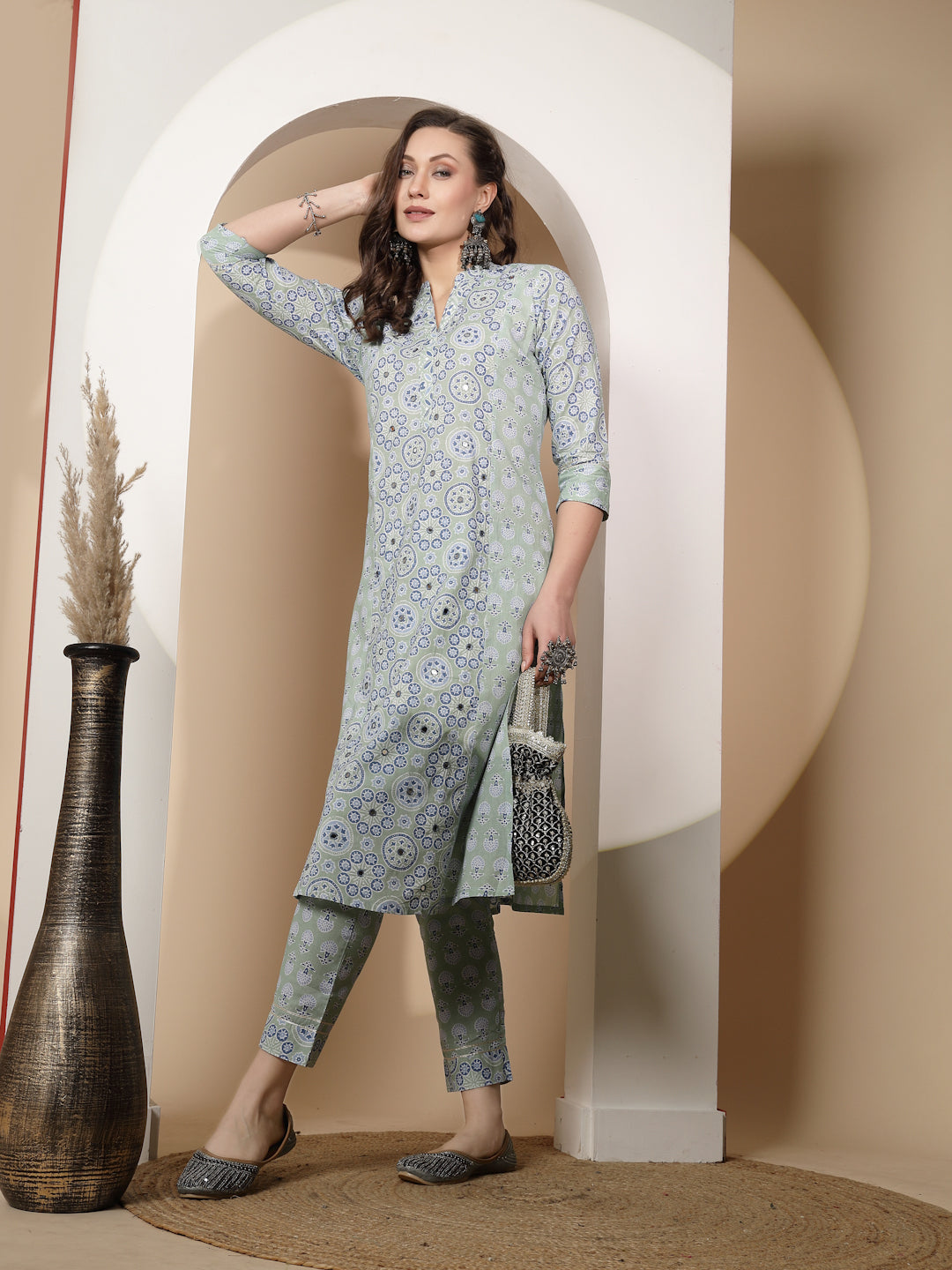 Light Blue Cotton Regular Fit Kurta Set For Women - Global Republic