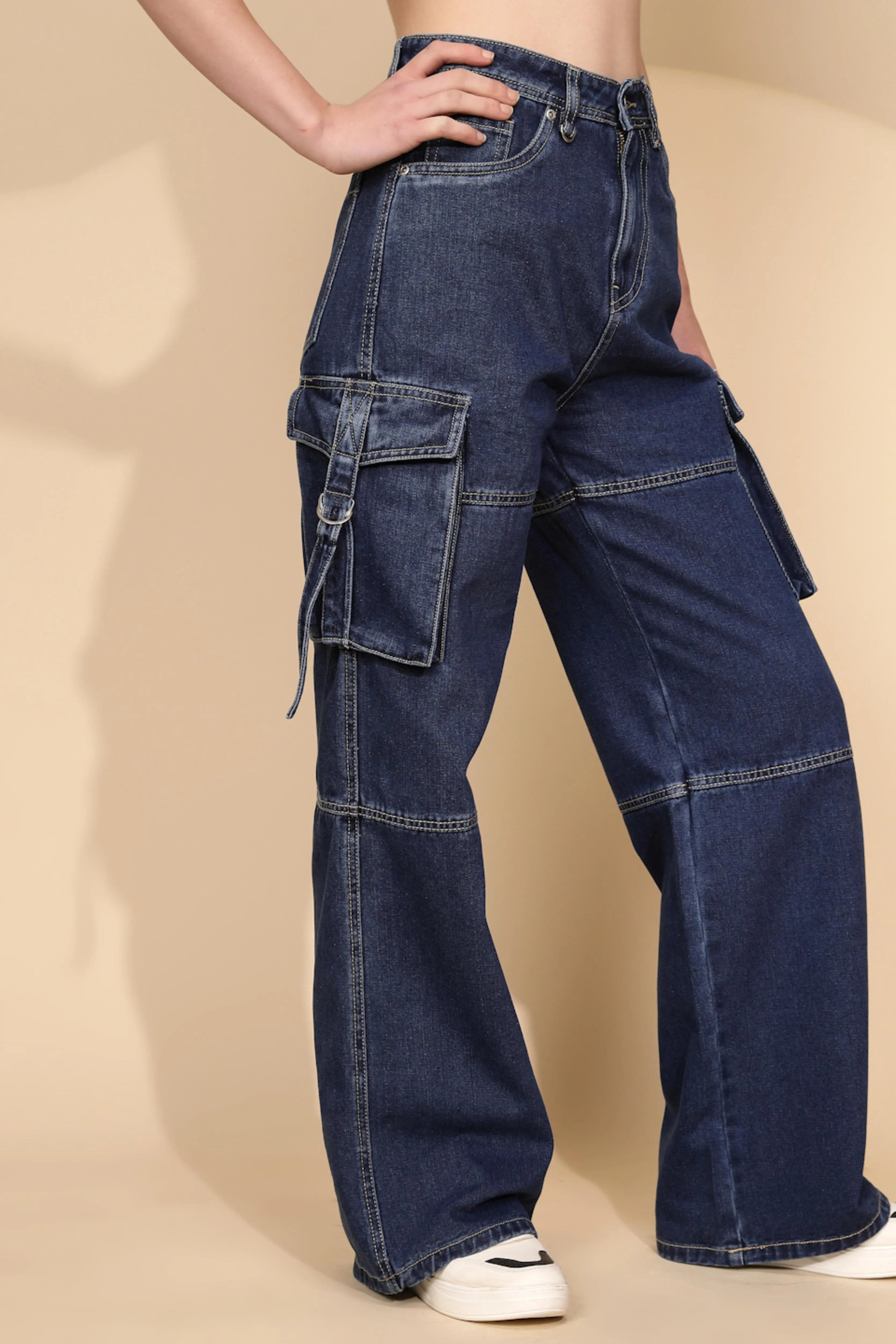 Blue Cotton Blend Relaxed Fit Cargo - Global Republic