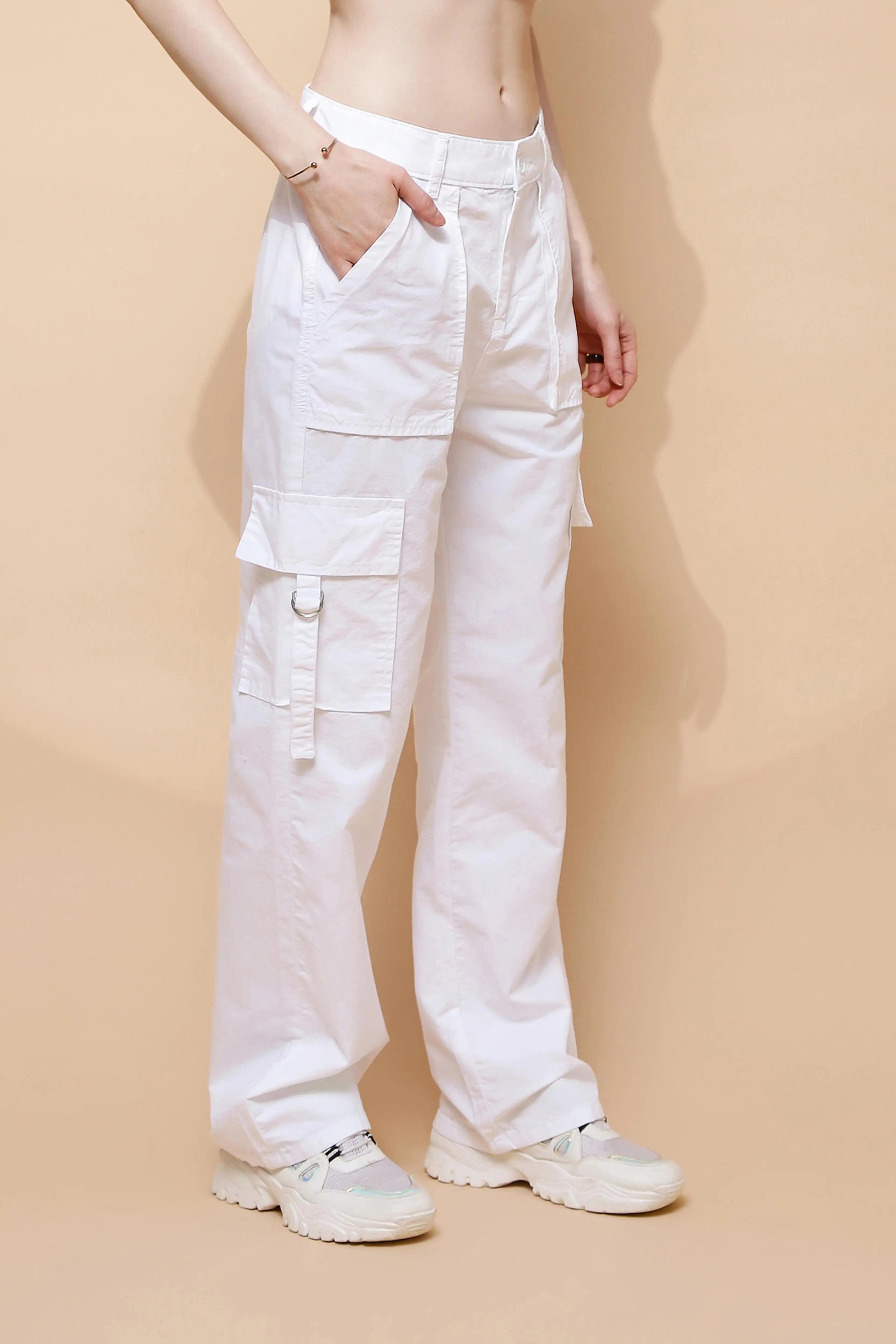 White Cotton Relaxed Fit Cargo - Global Republic