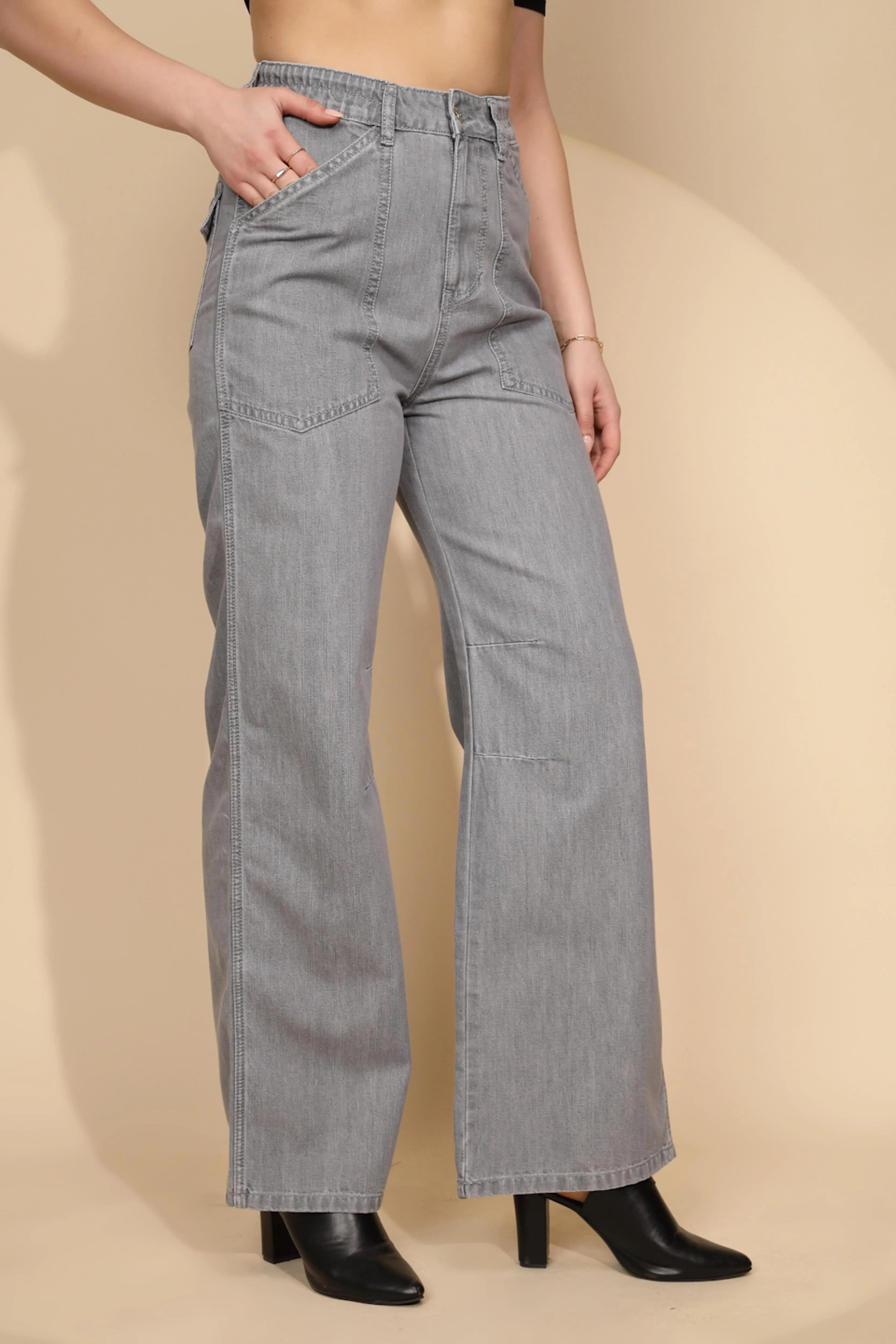 Grey Cotton Straight Loose Fit Jeans - Global Republic