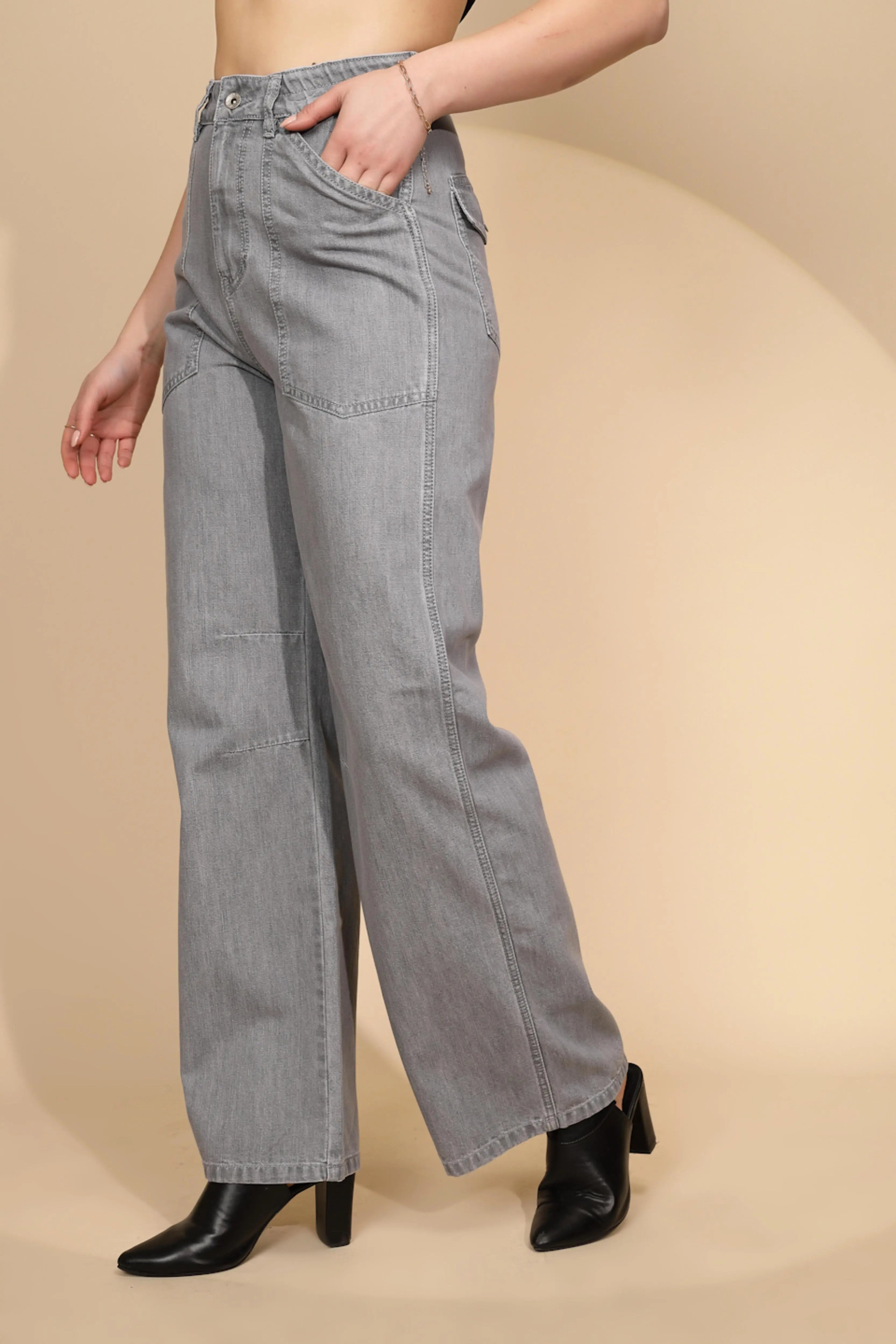 Grey Cotton Straight Loose Fit Jeans - Global Republic