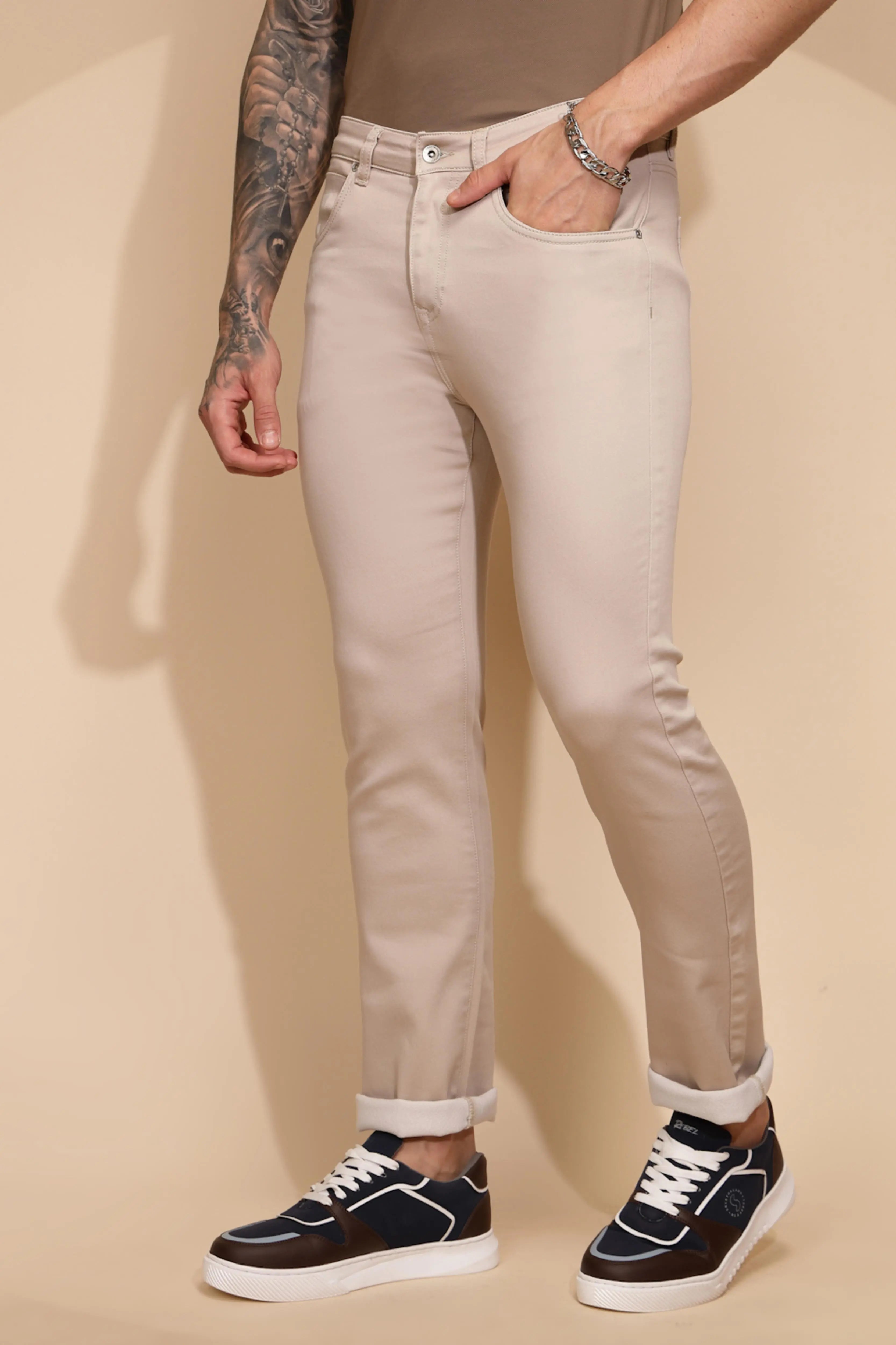 Fawn Cotton Blend Straight Fit Trouser For Men - Global Republic
