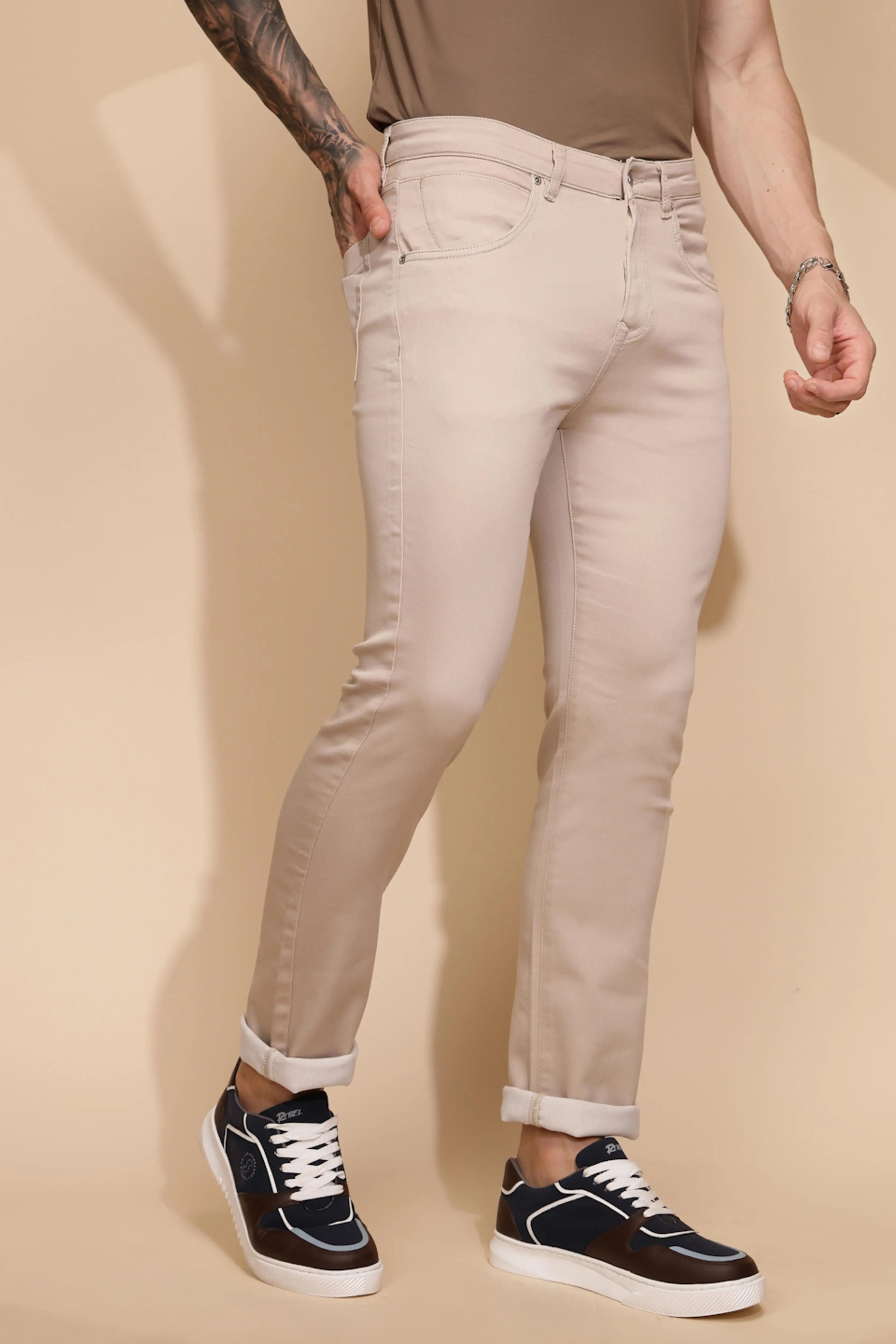 Fawn Cotton Blend Straight Fit Trouser For Men - Global Republic