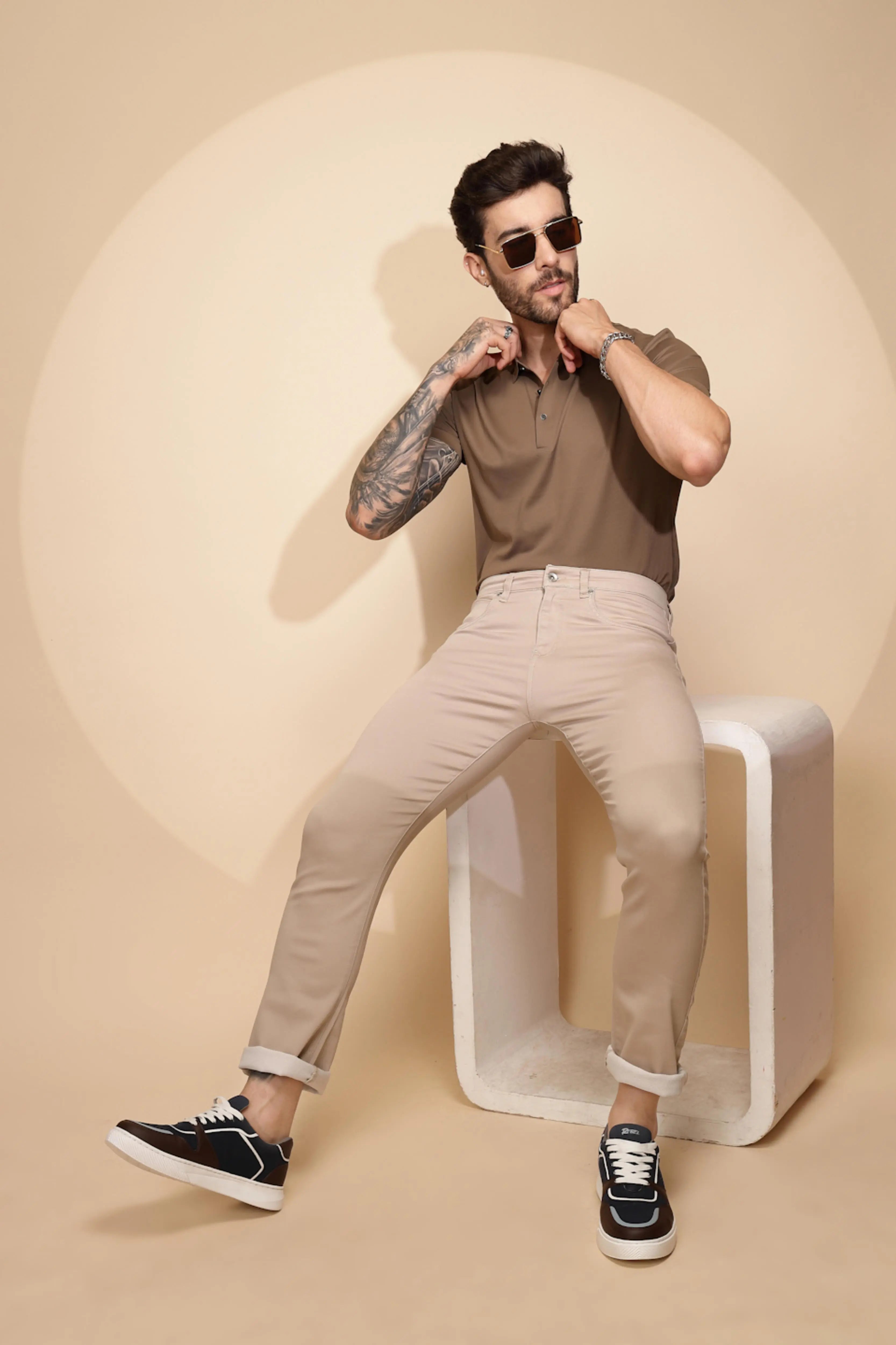 Fawn Cotton Blend Straight Fit Trouser - Global Republic