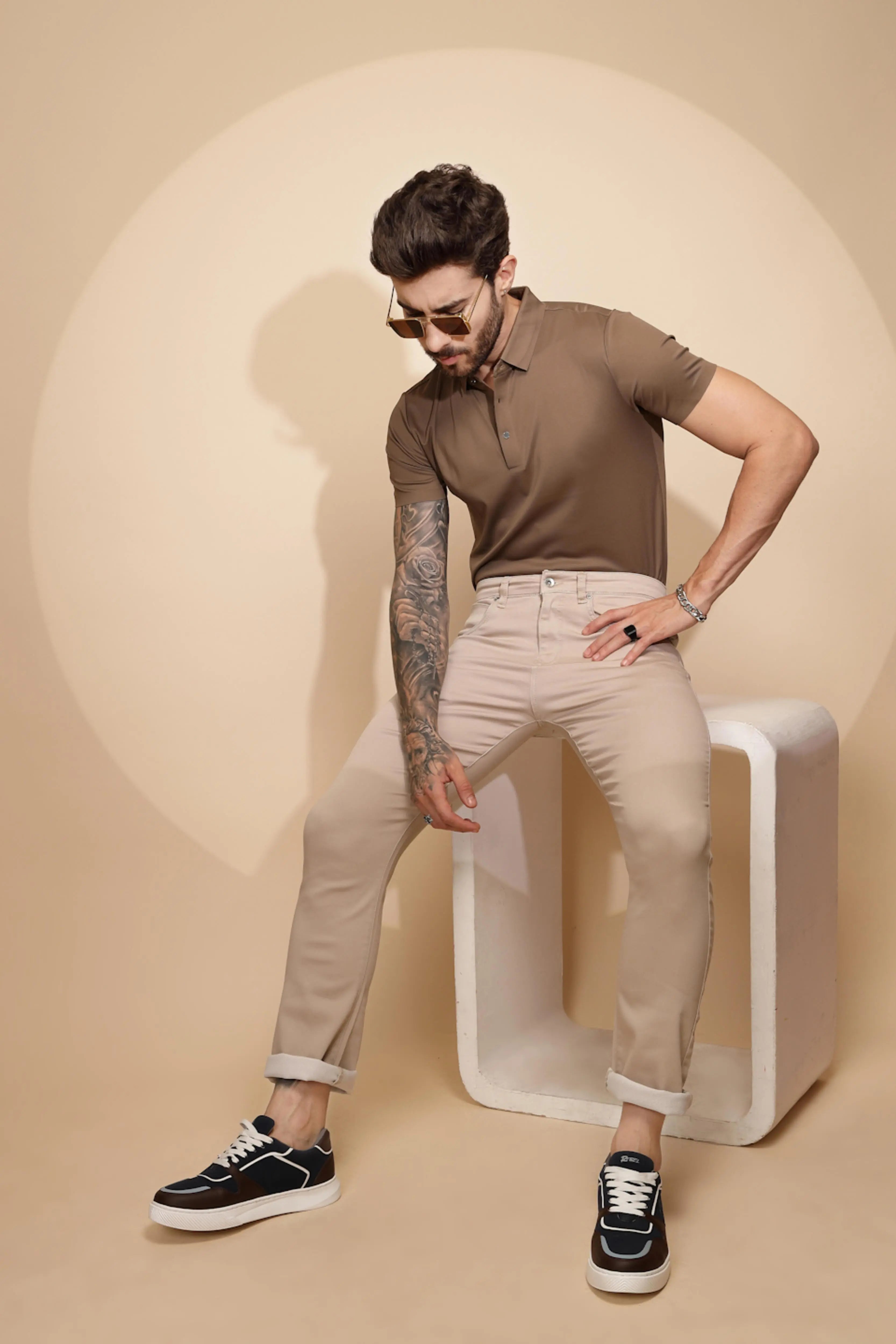 Fawn Cotton Blend Straight Fit Trouser - Global Republic