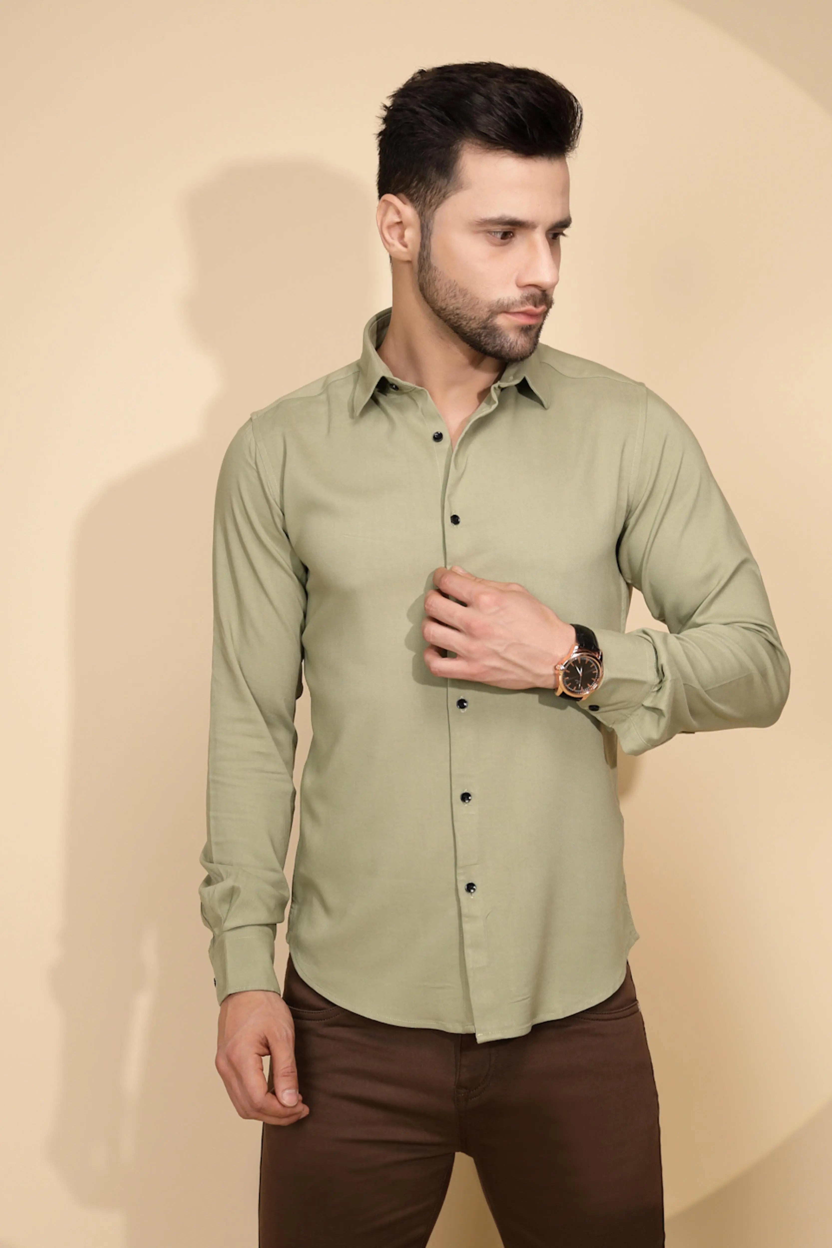 Olive  Tailored Fit Shirt For Men - Global Republic