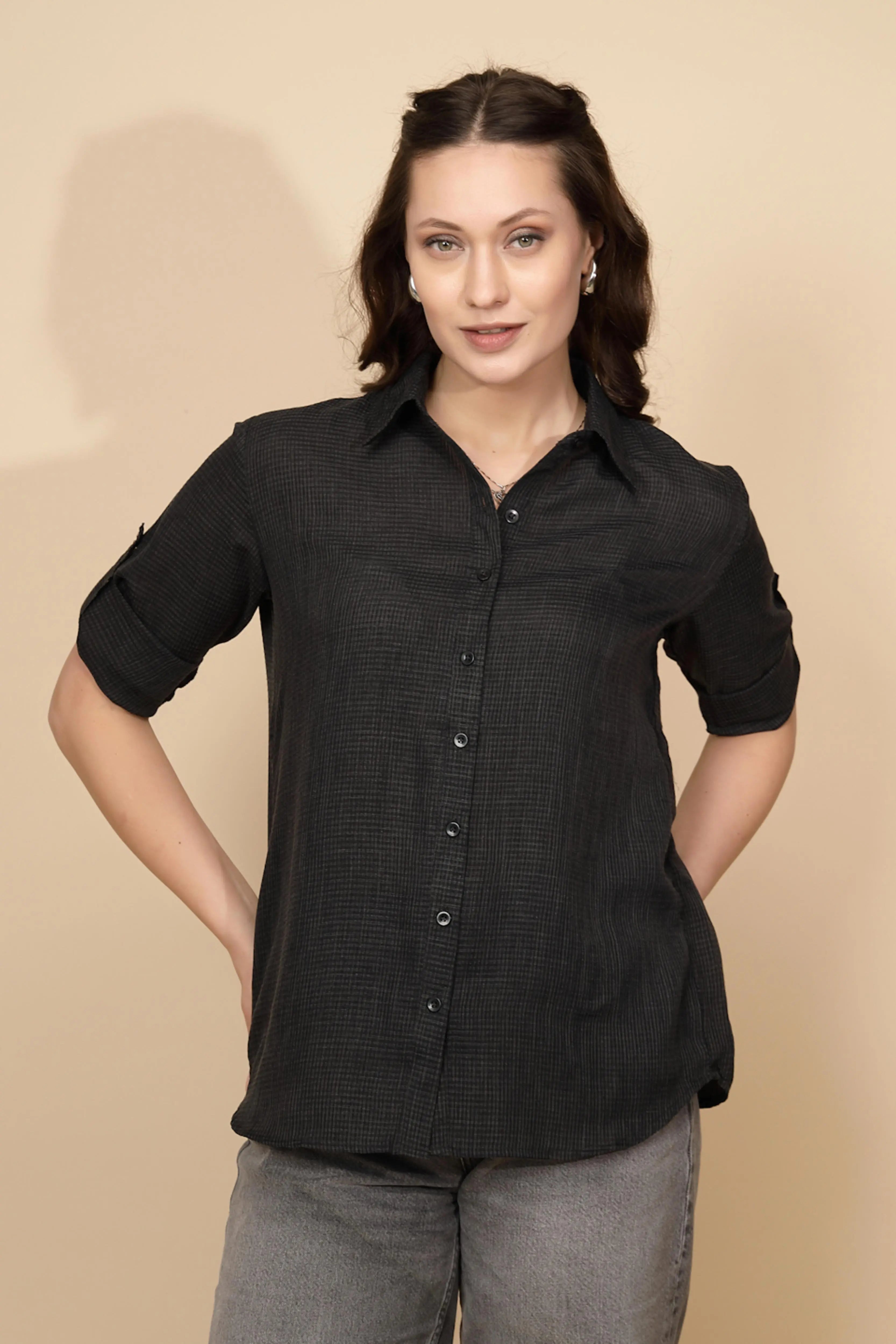 Black cotton Regular Fit Shirt For Women - Global Republic