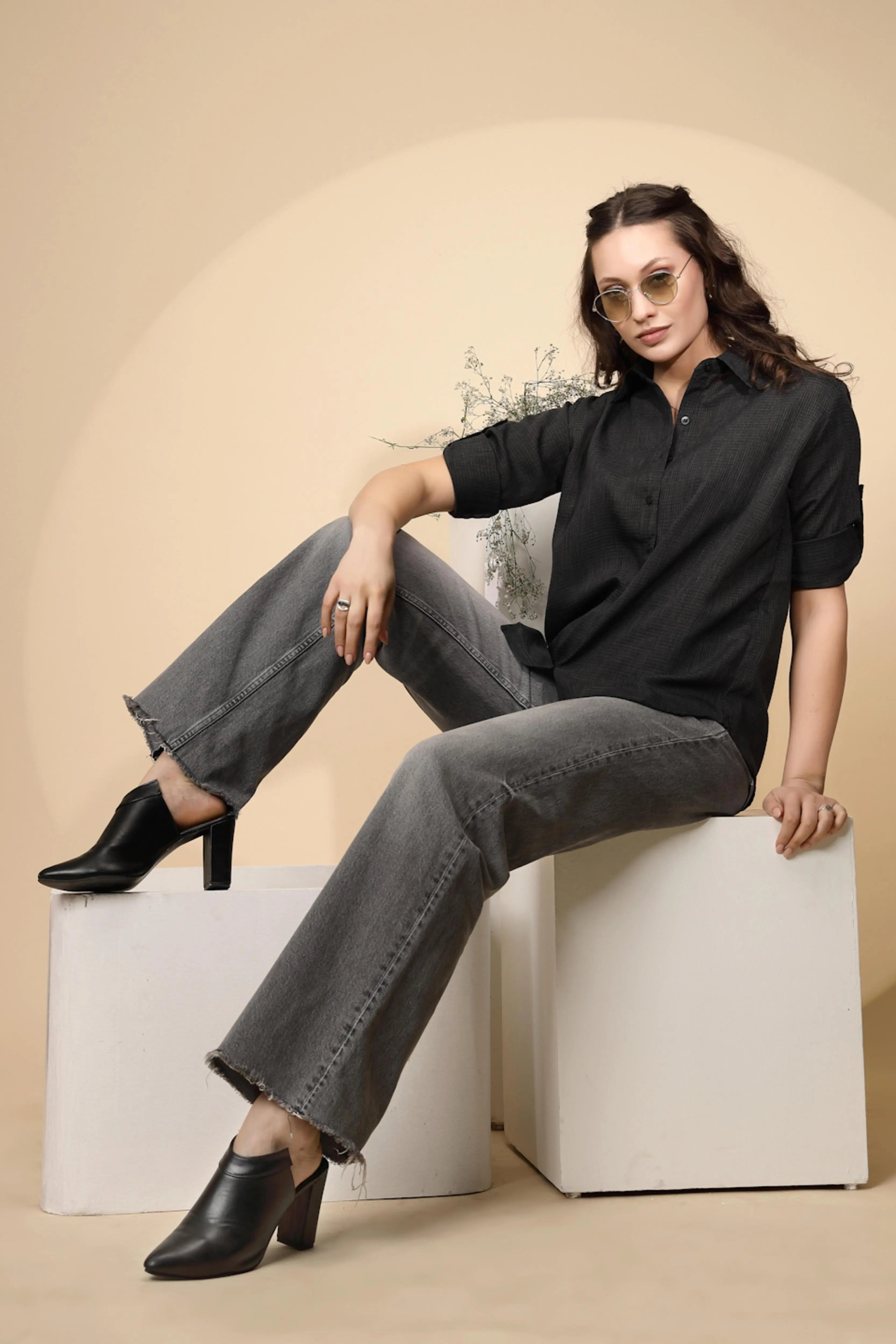 Black cotton Regular Fit Shirt For Women - Global Republic