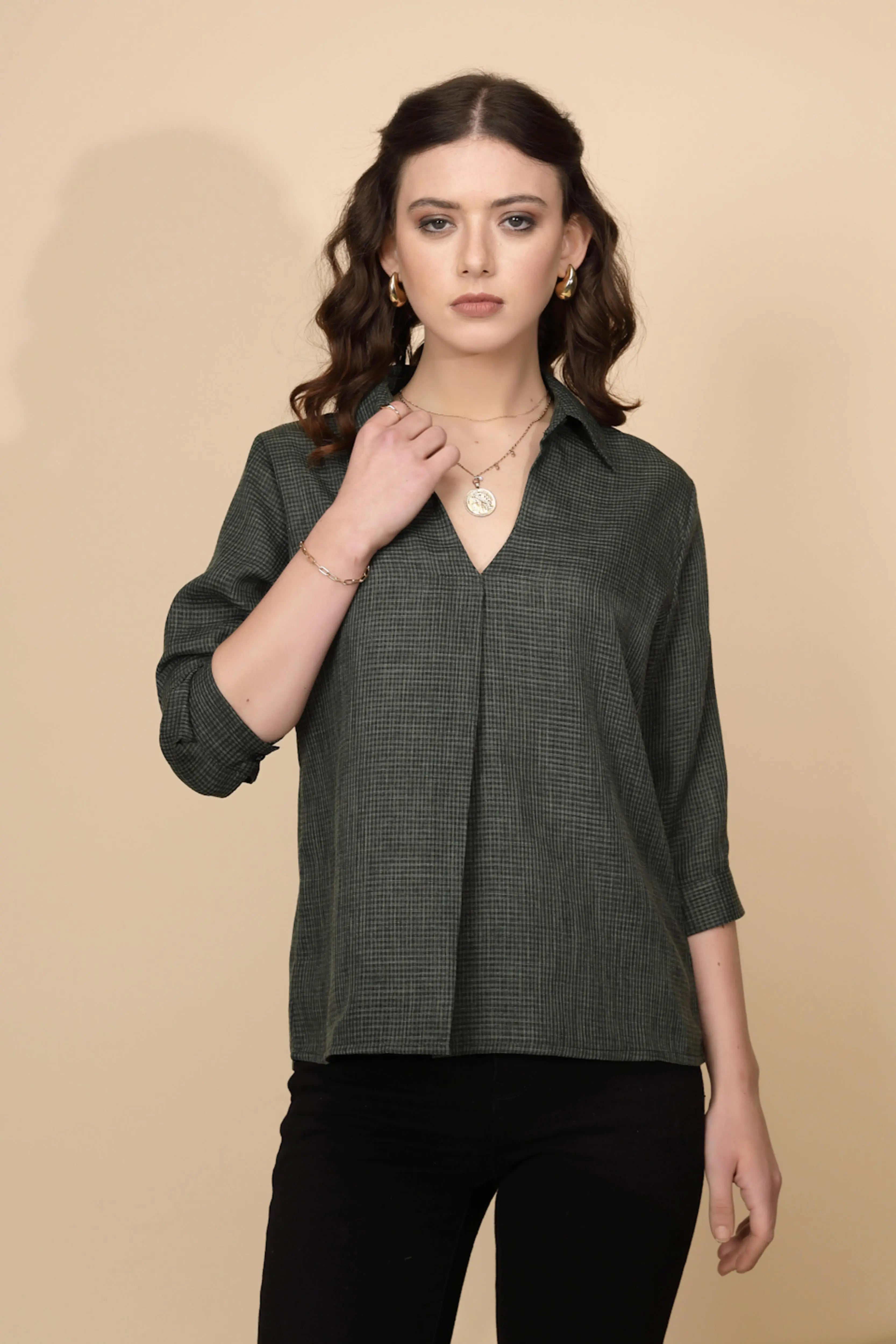 Olive Gingham Check cotton Top - Global Republic