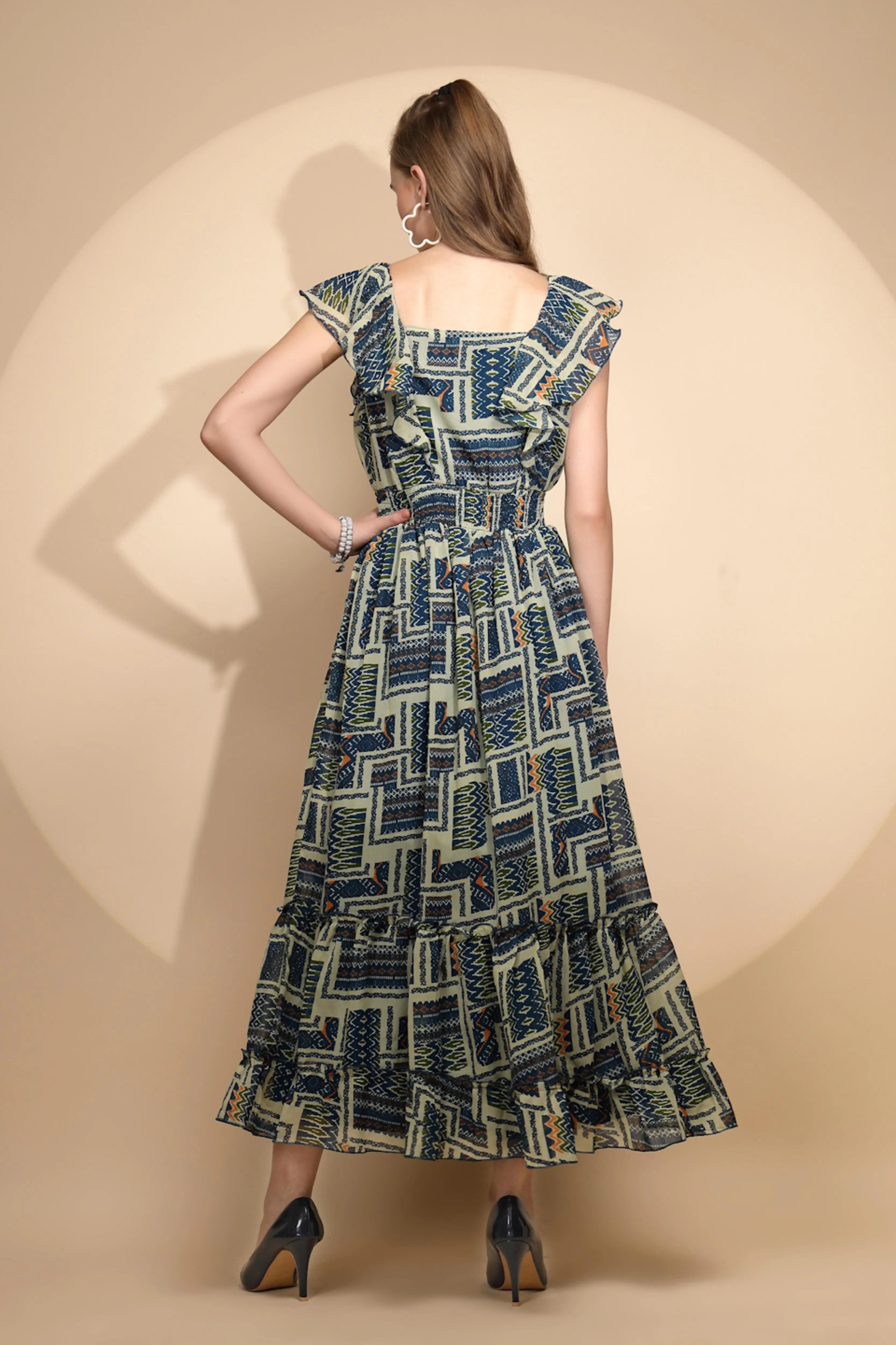 Blue And White  Regular Fit Dress For Women - Global Republic
