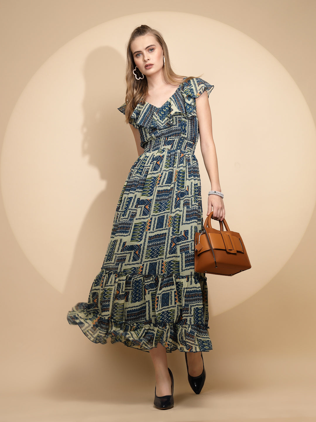 Blue And White  Regular Fit Dress For Women - Global Republic