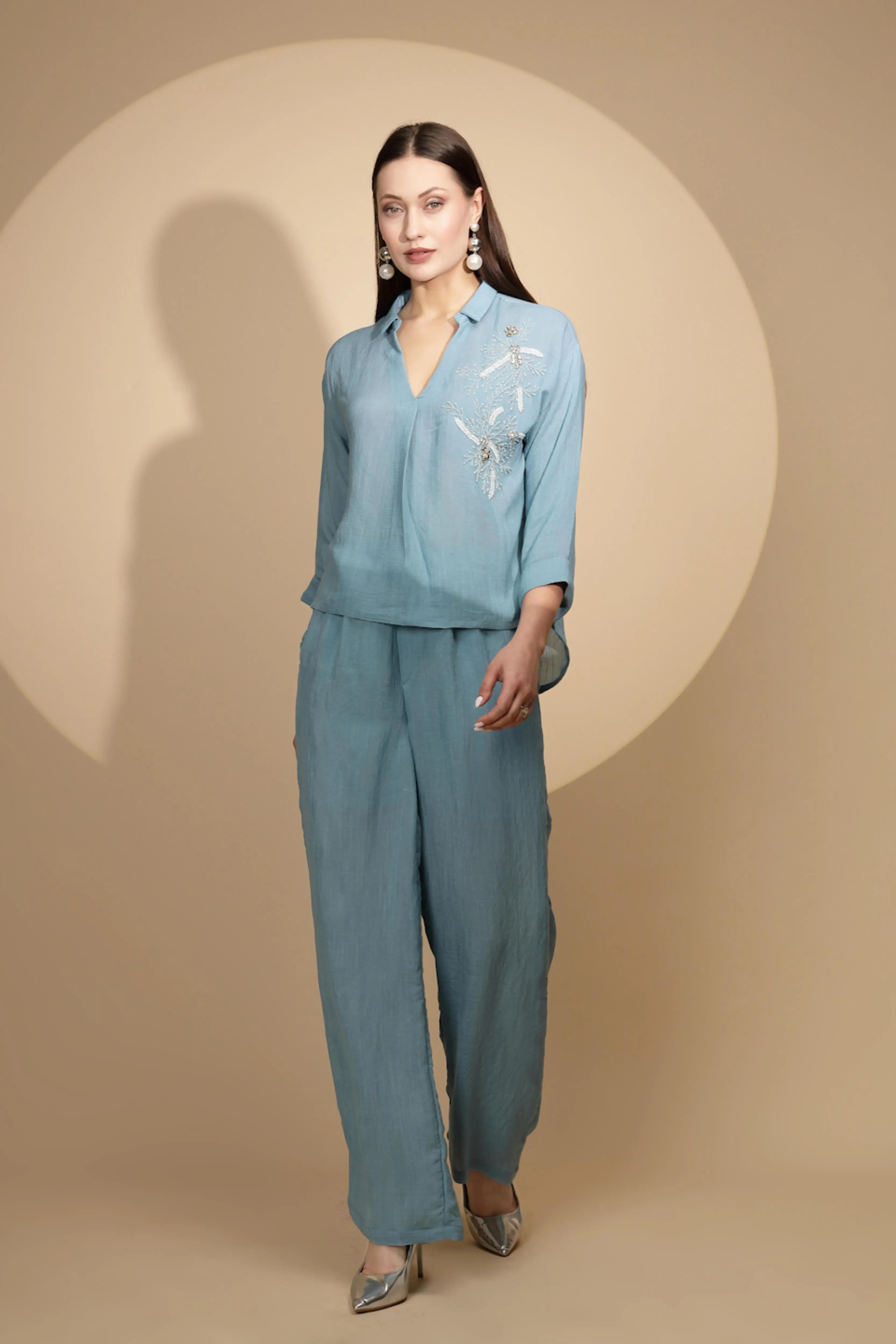 Powder Blue Rayon Regular Fit Co-Ord Set For Women - Global Republic