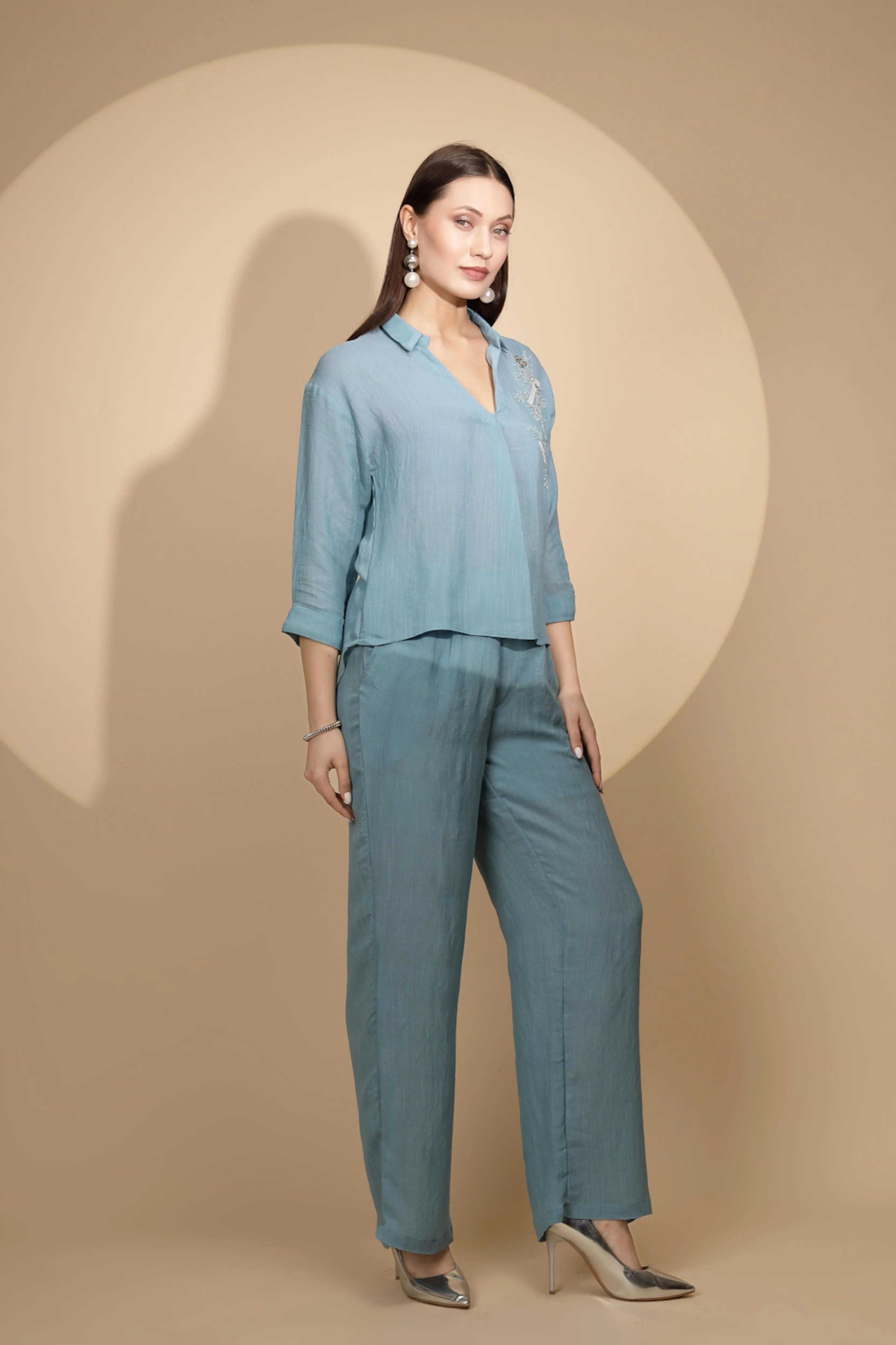 Powder Blue Rayon Regular Fit Co-Ord Set For Women - Global Republic
