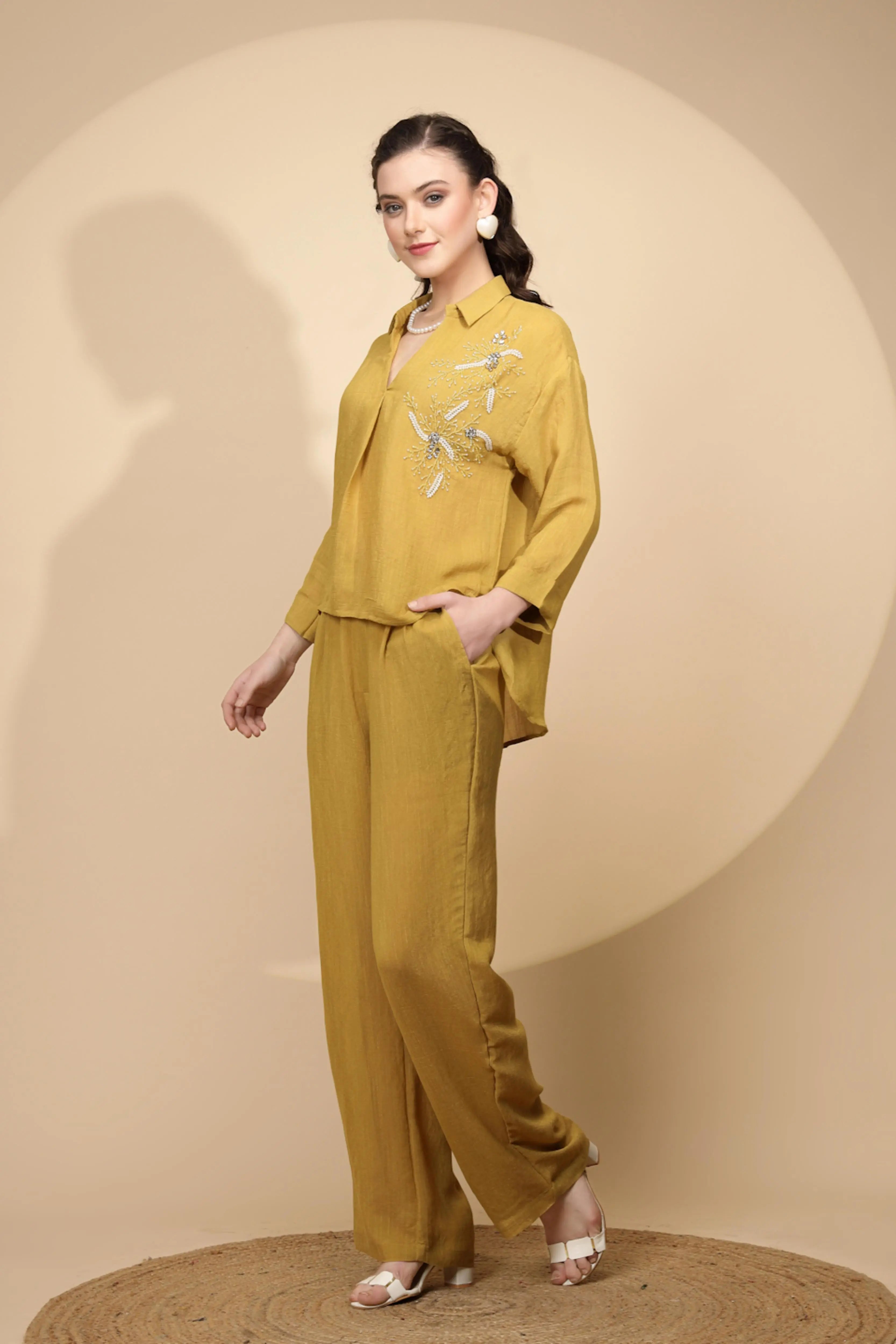 Mustard Rayon Regular Fit Co-Ord Set For Women - Global Republic