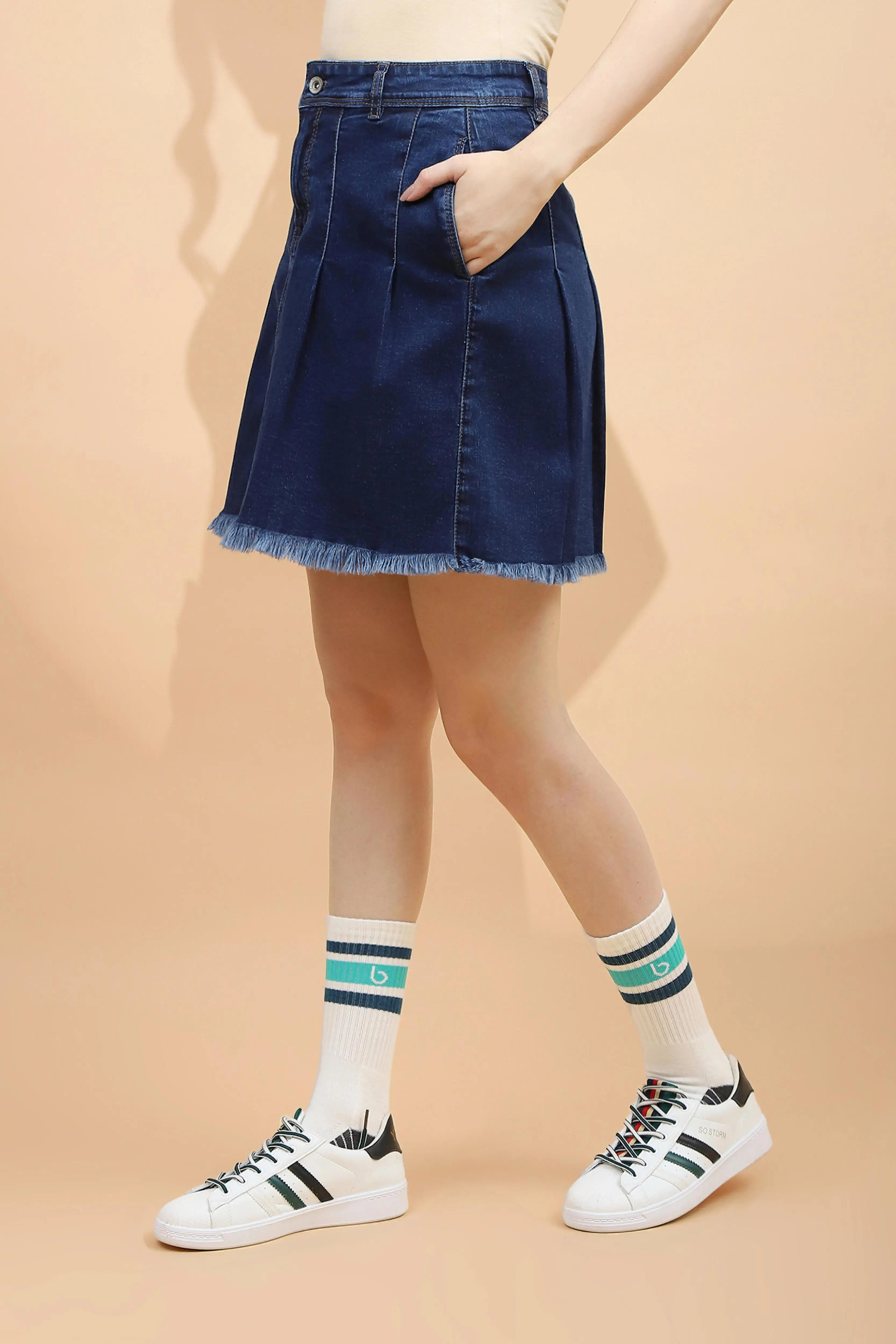 Blue Cotton Blend Regular Fit Skirt - Global Republic