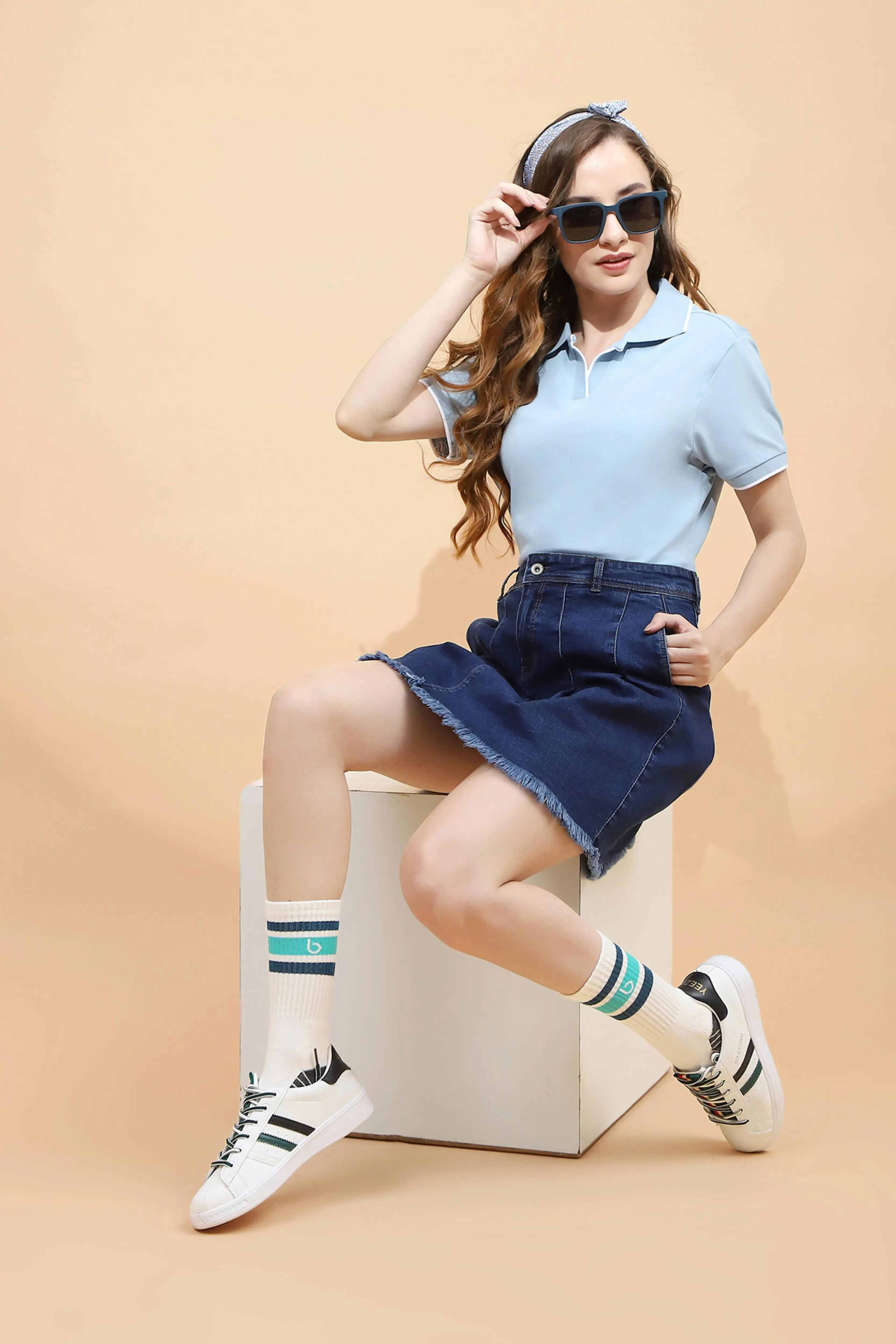 Blue Cotton Blend Regular Fit Skirt - Global Republic