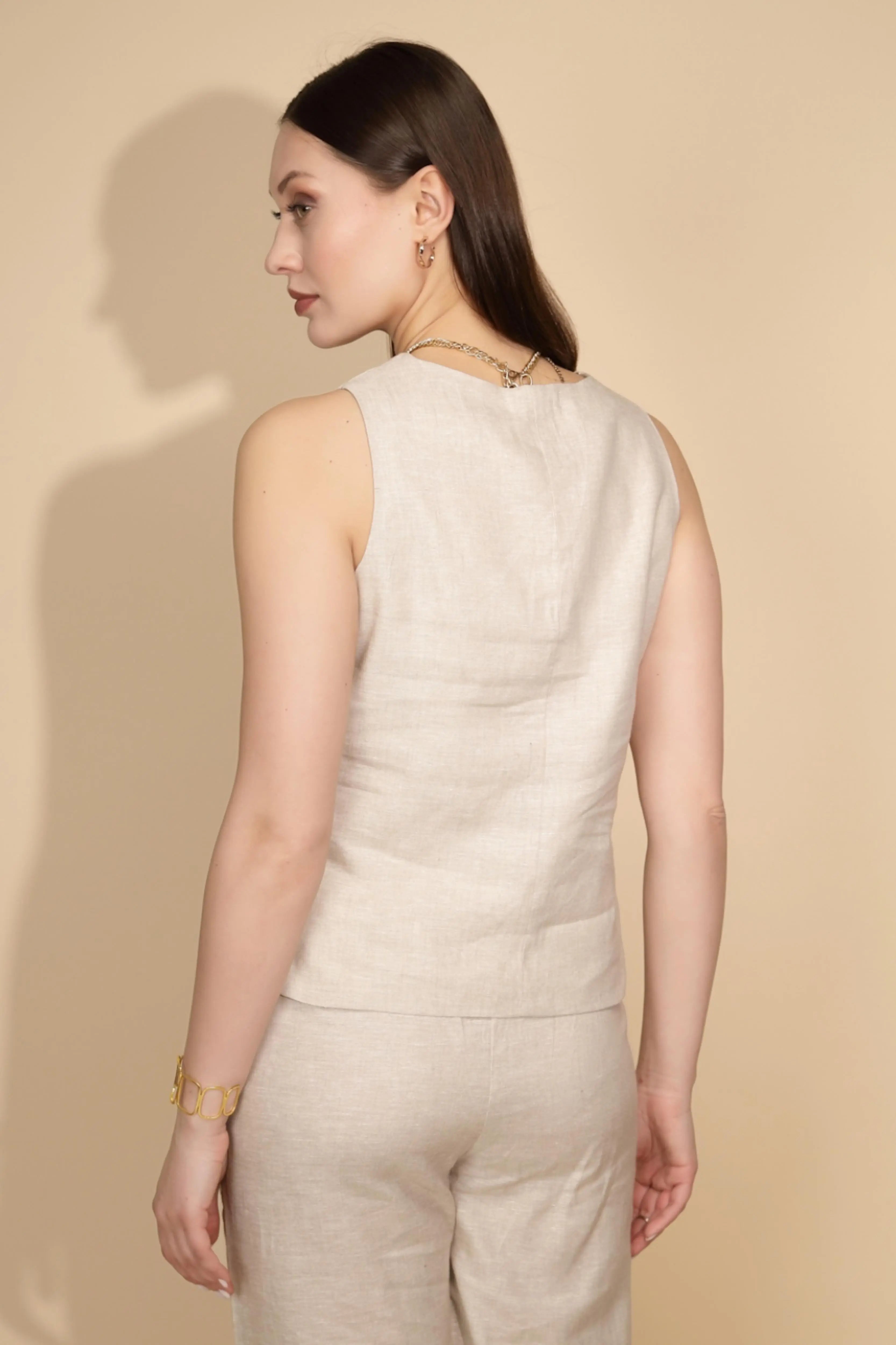 Beige Linen Regular Fit Waist Coat - Global Republic