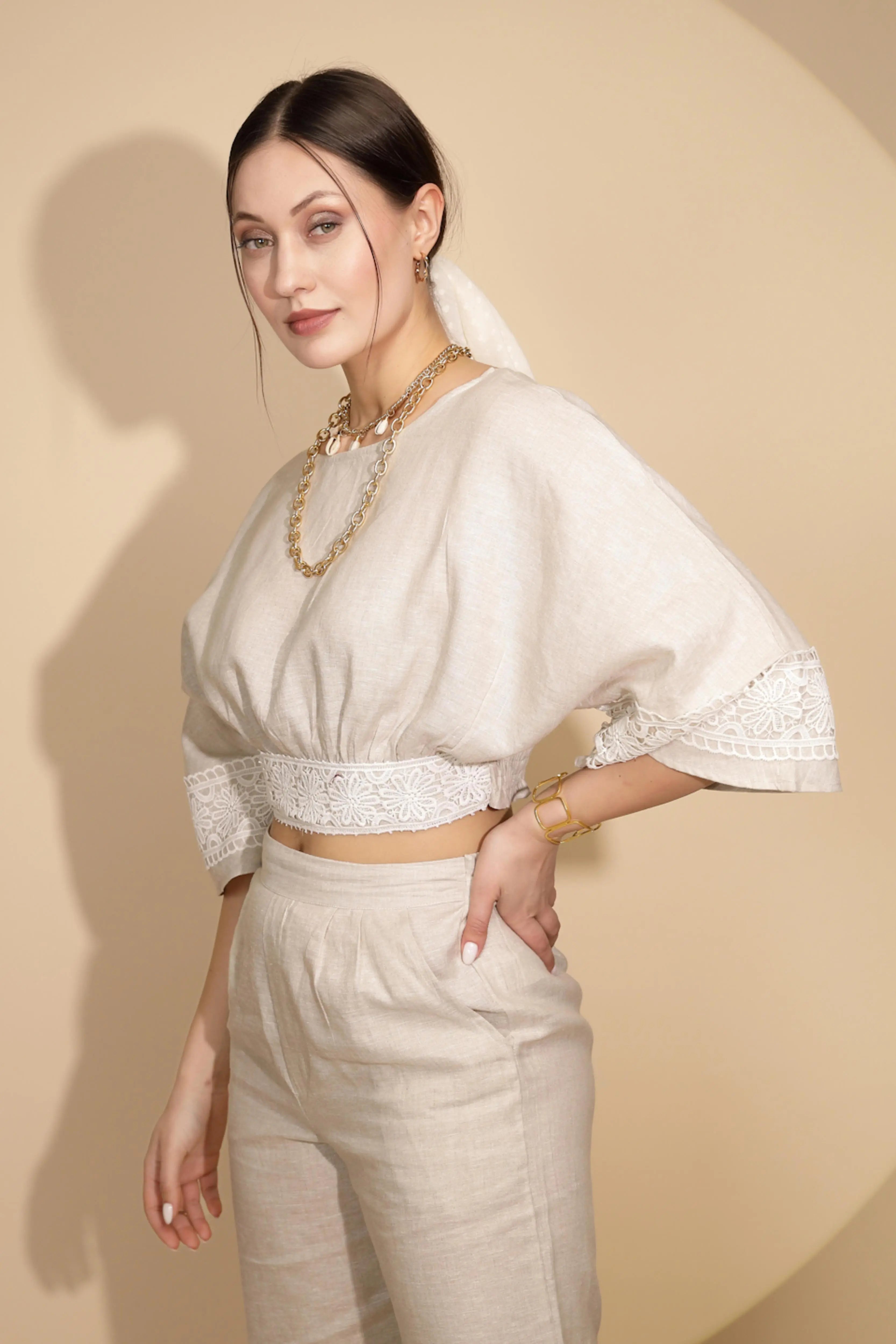 Beige Linen Regular Fit Blouson Top For Women - Global Republic