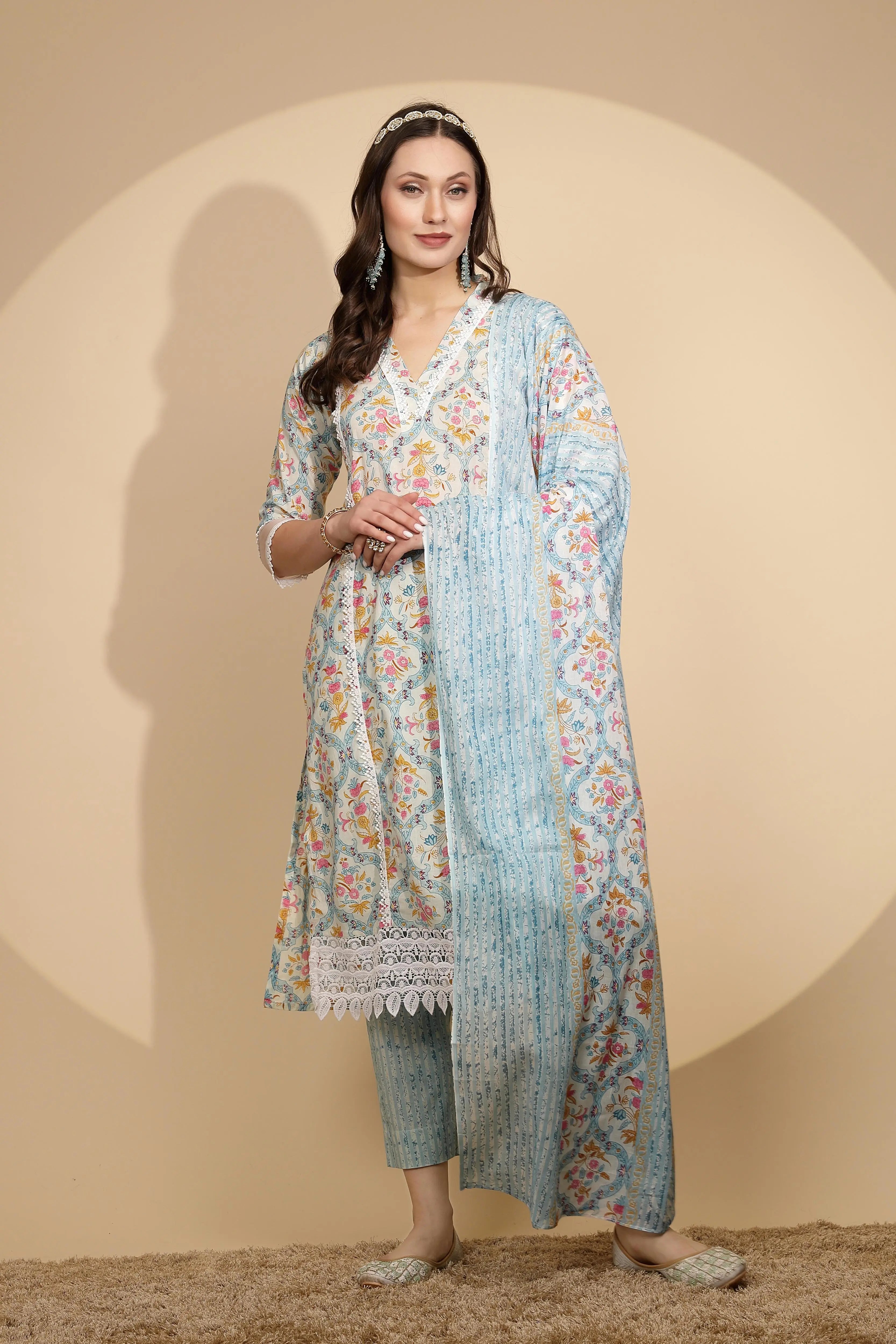 Firozi Cotton Regular Fit Suit Set For Women - Global Republic