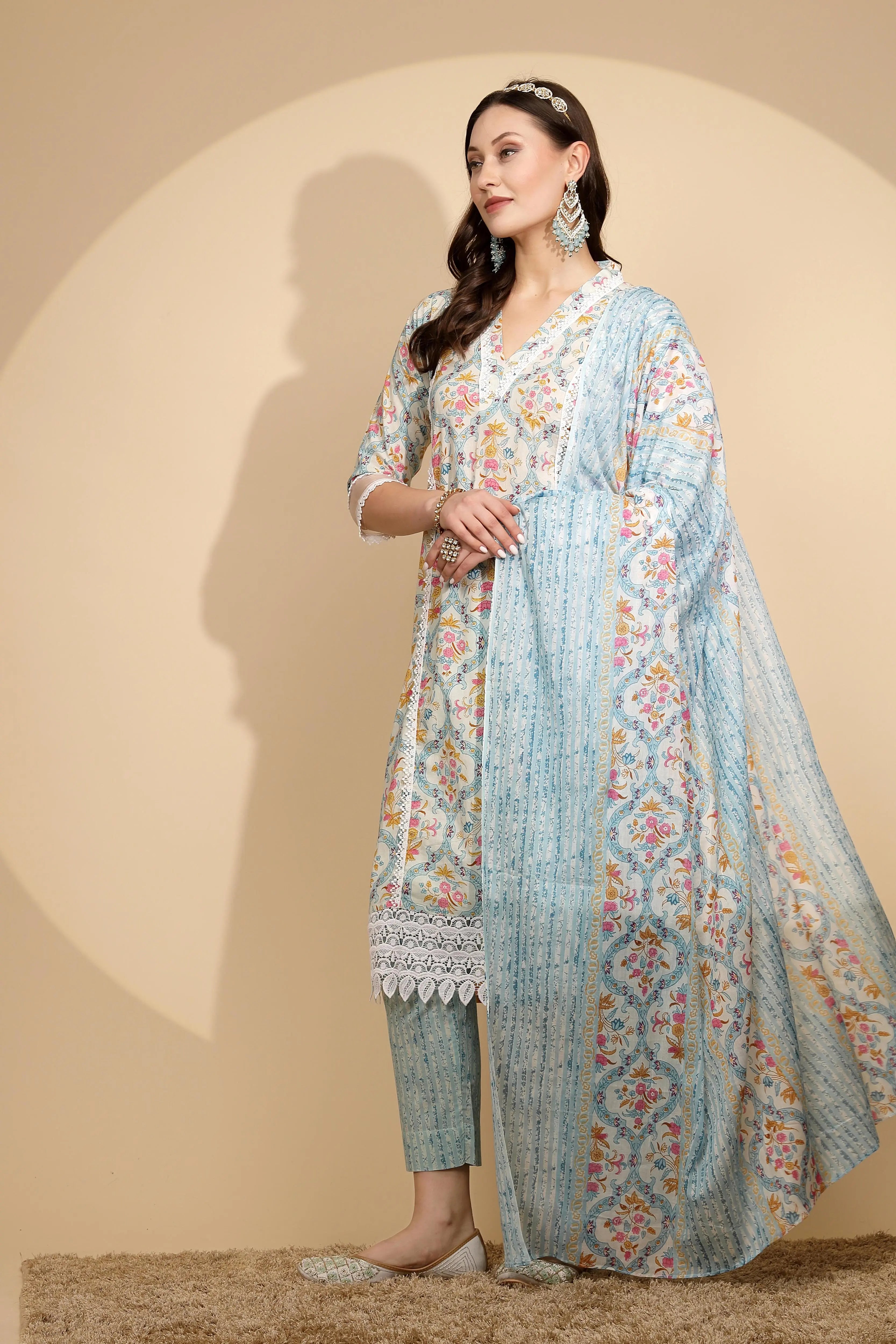 Firozi Cotton Regular Fit Suit Set For Women - Global Republic