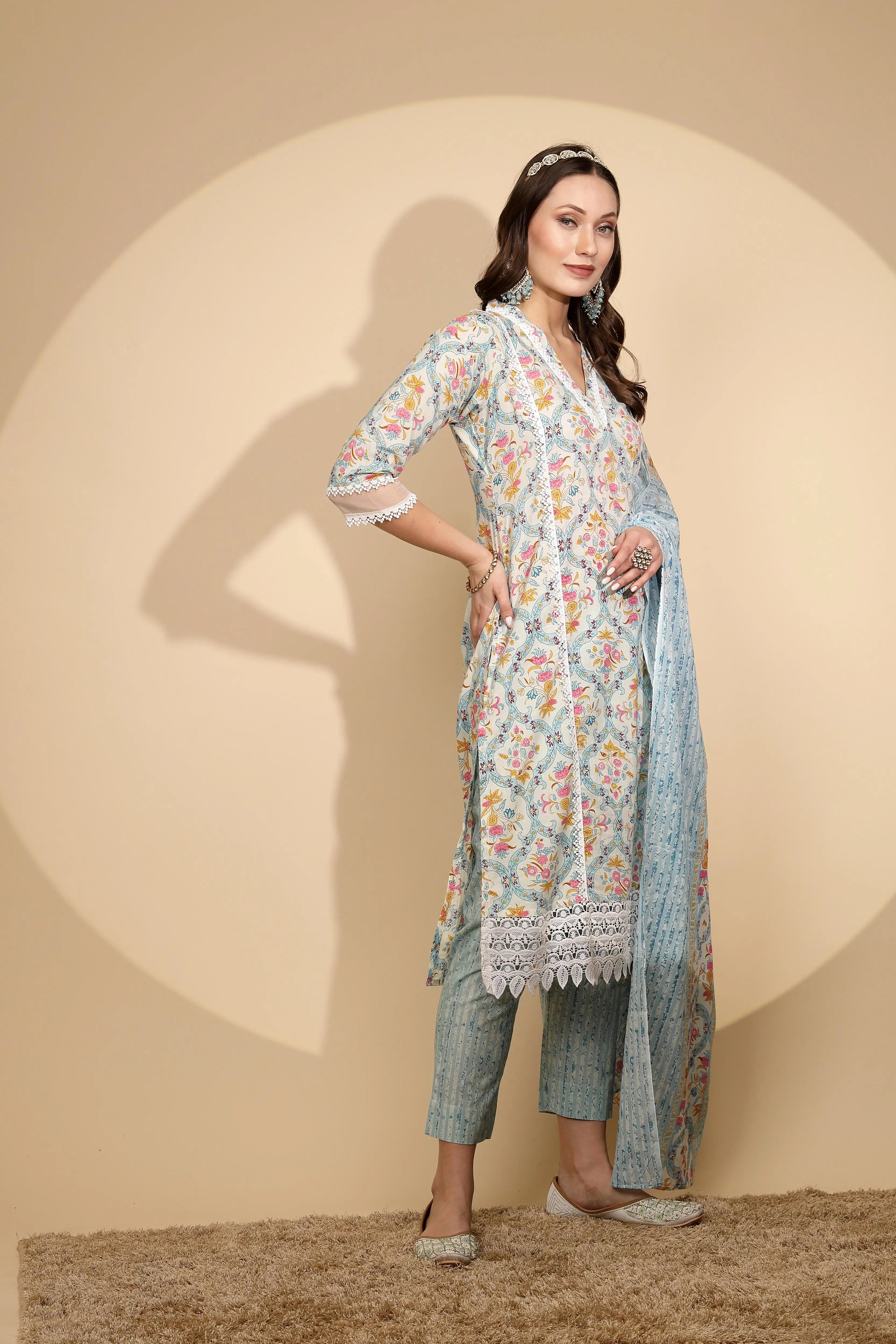 Firozi Cotton Regular Fit Suit Set For Women - Global Republic
