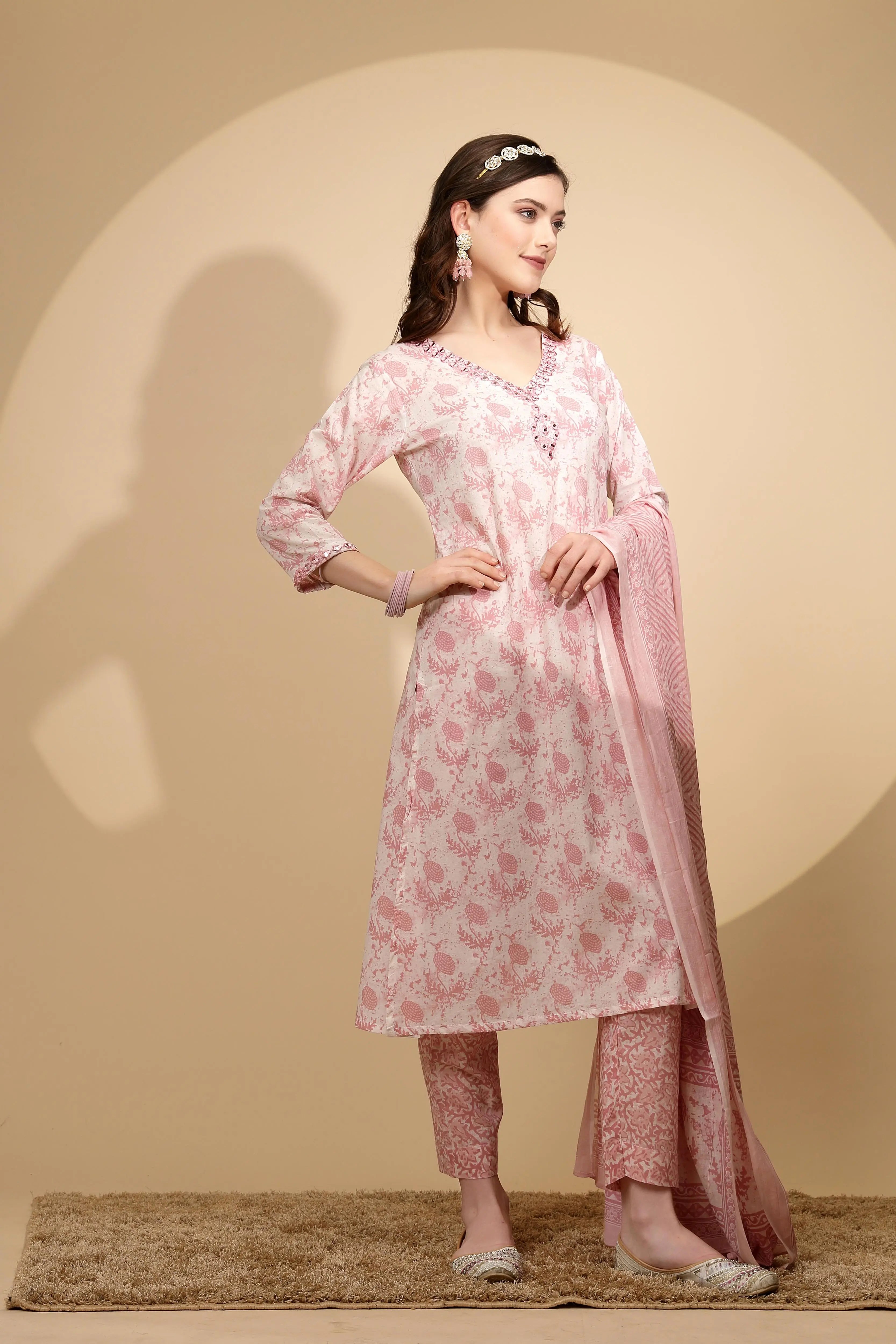 Pink Cotton Regular Fit Suit Set For Women - Global Republic