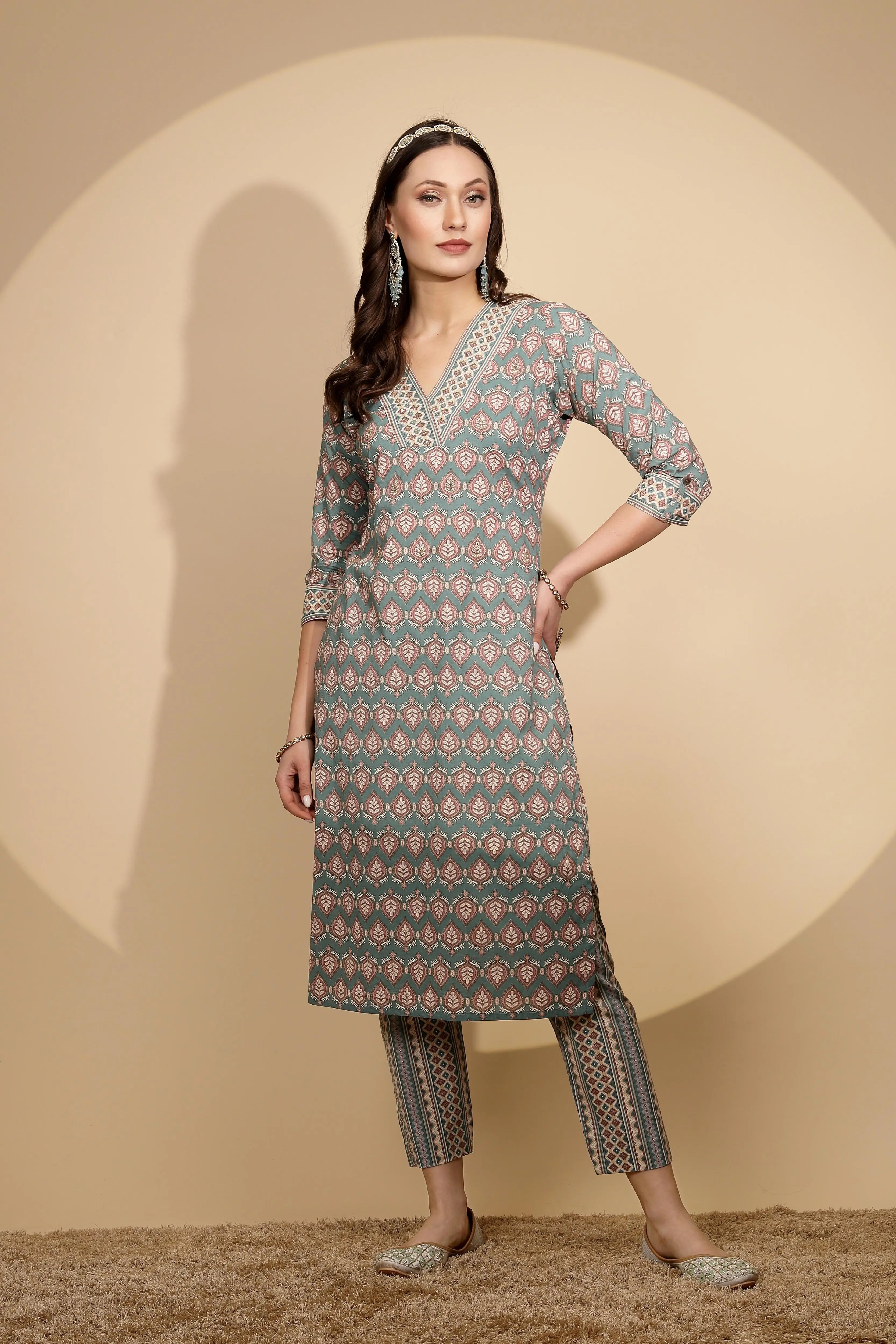 Blue Cotton Regular Fit Kurta Set For Women - Global Republic