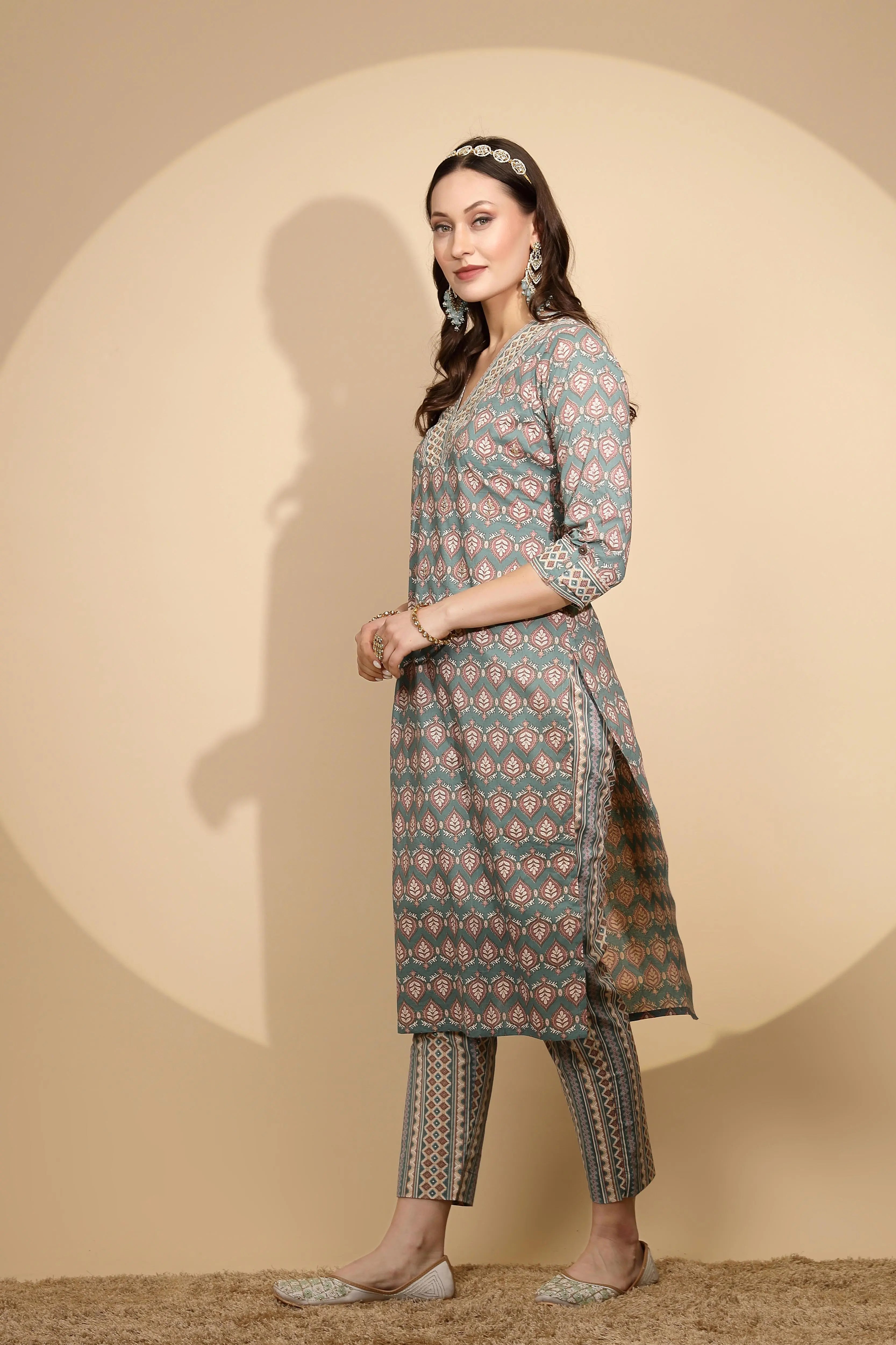 Blue Cotton Regular Fit Kurta Set For Women - Global Republic