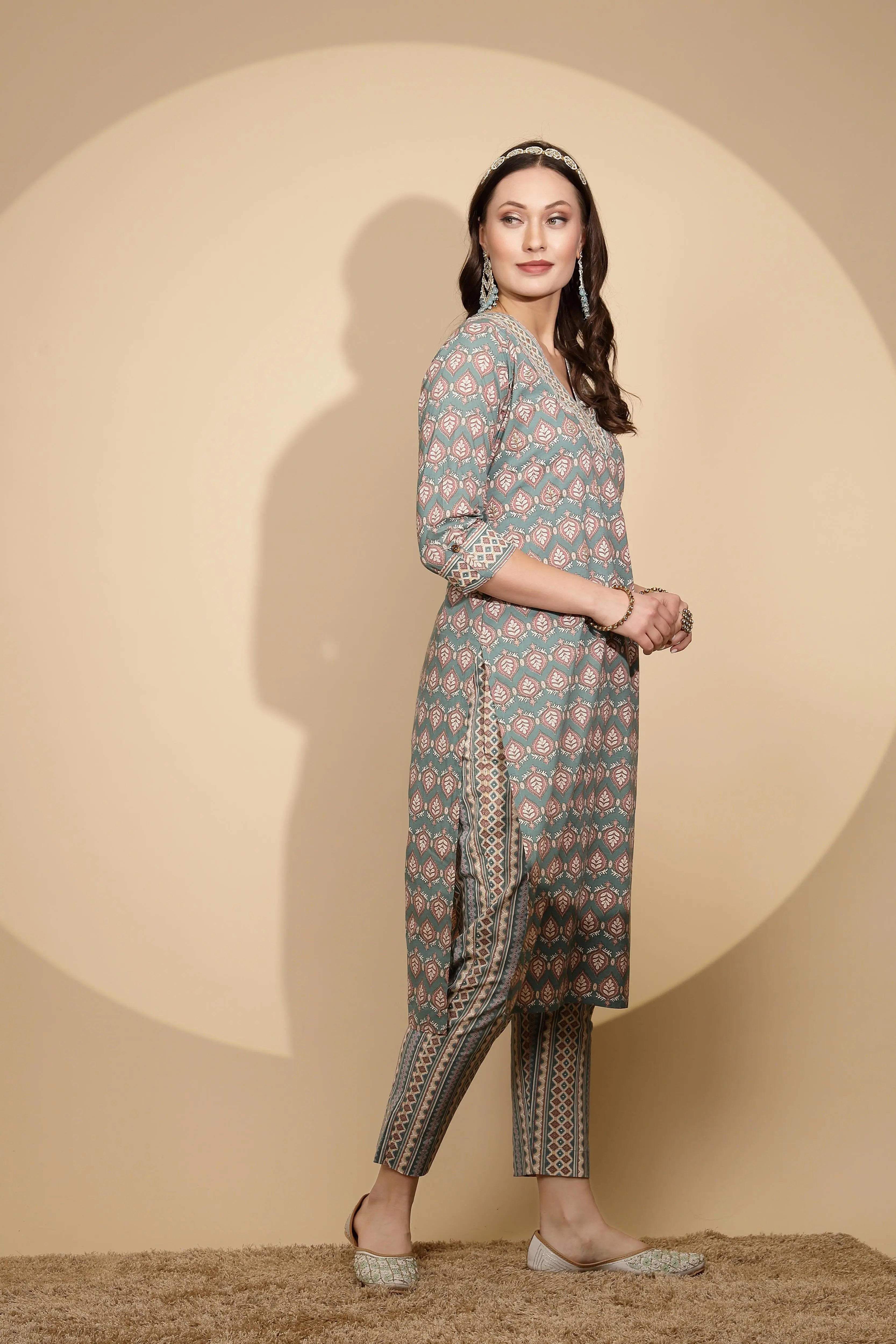 Blue Cotton Regular Fit Kurta Set For Women - Global Republic