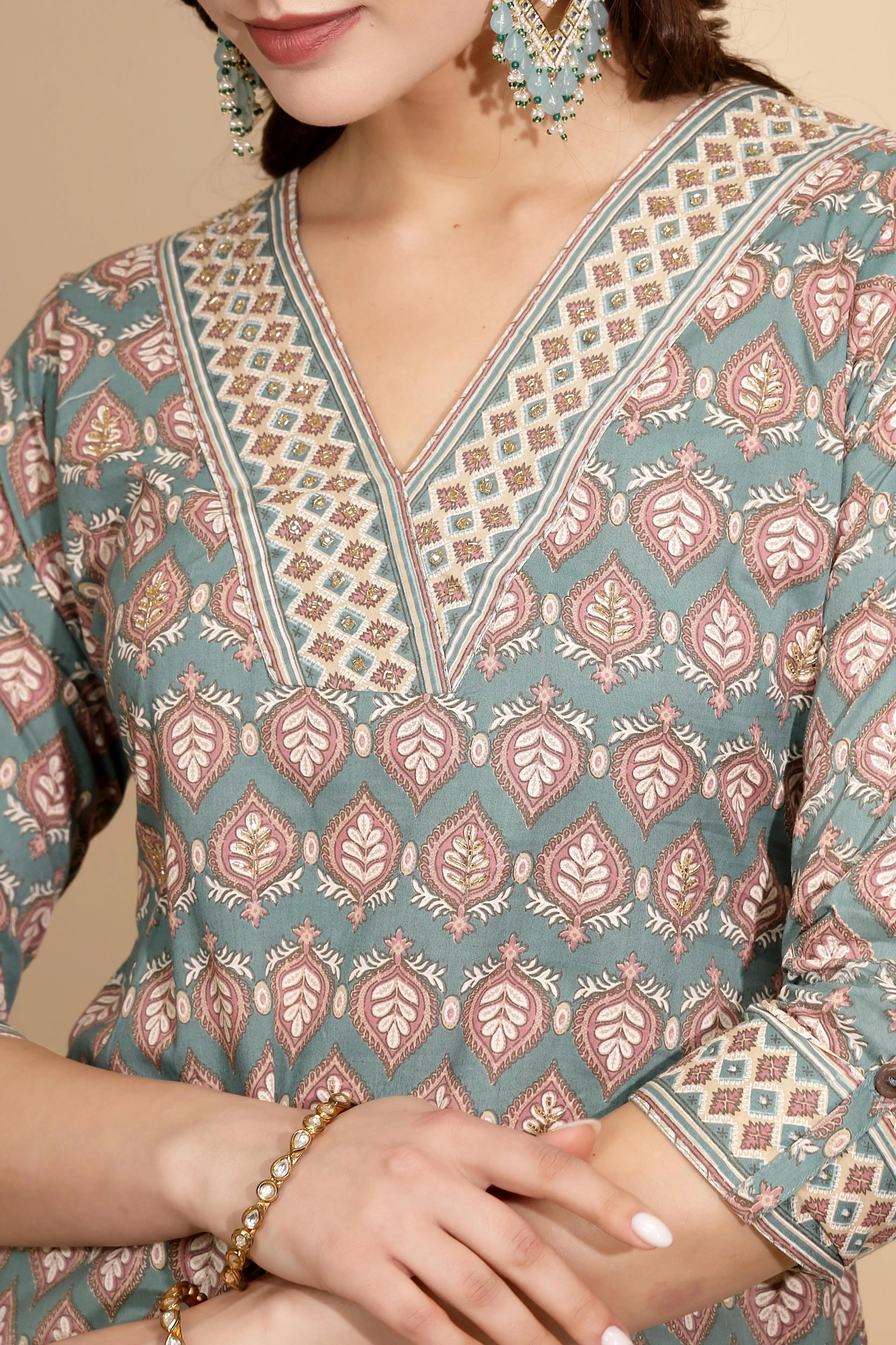 Blue Cotton Regular Fit Kurta Set For Women - Global Republic