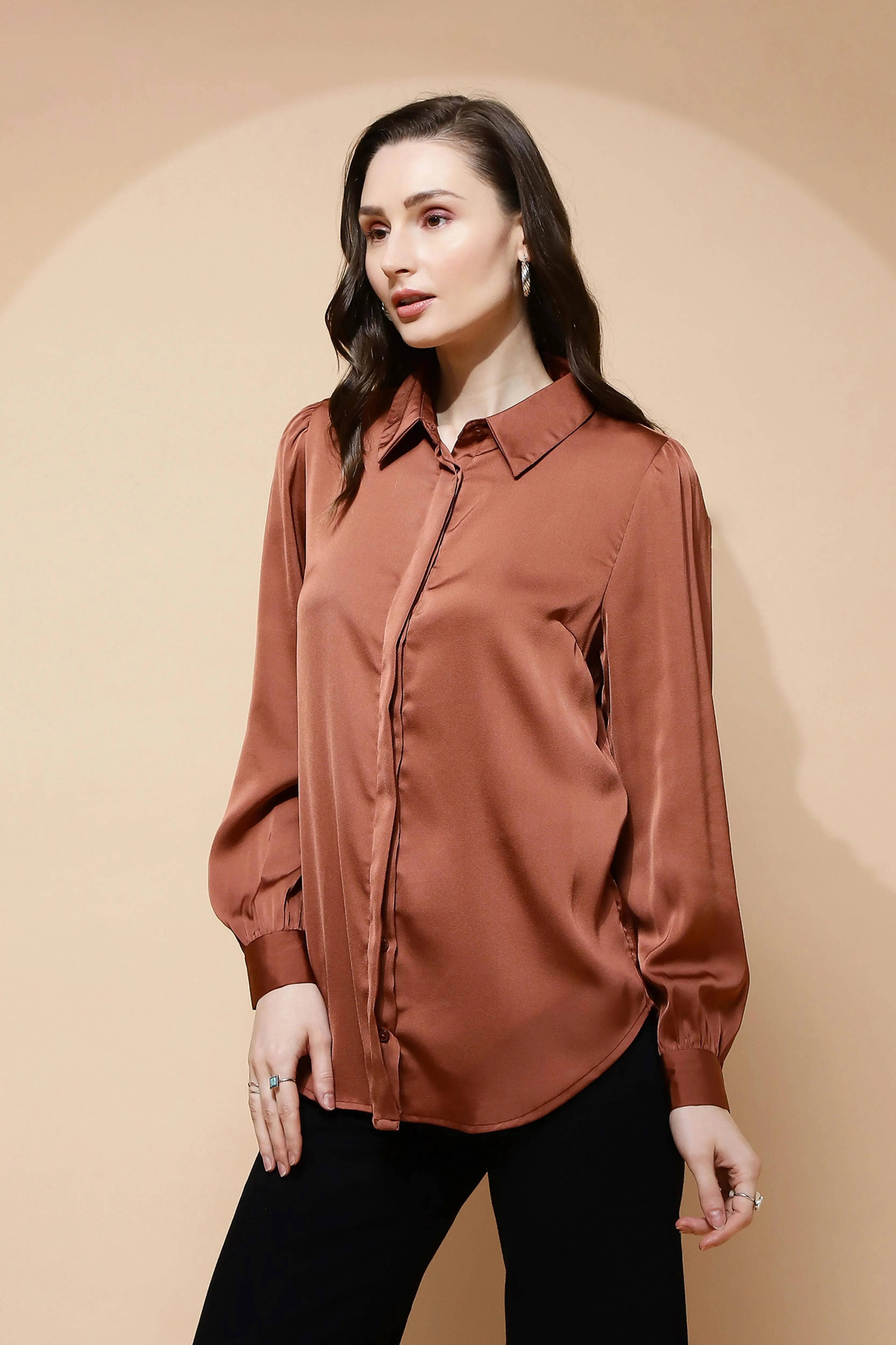 Brown Satin Tailored Fit Shirt - Global Republic