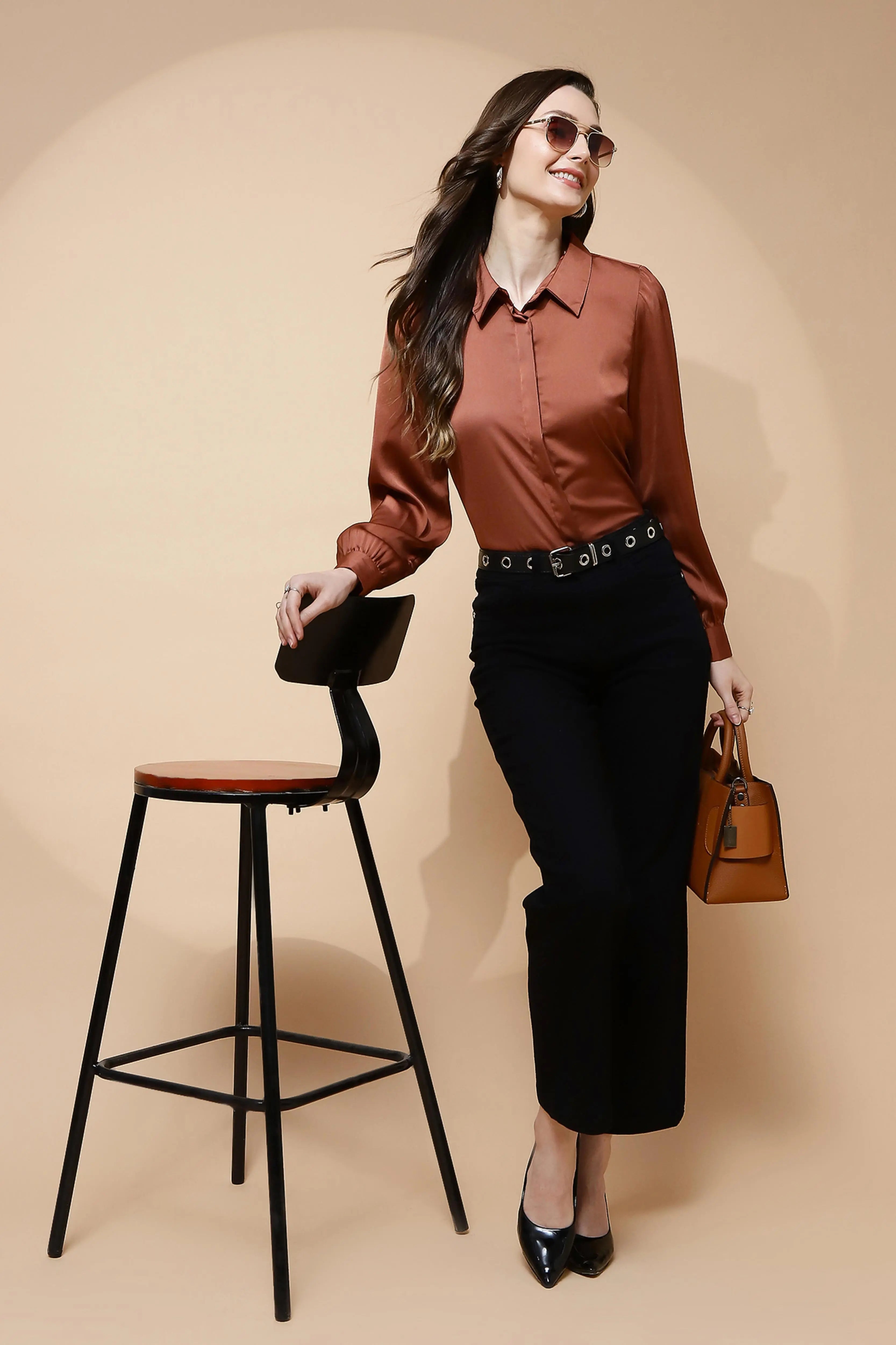 Brown Satin Tailored Fit Shirt - Global Republic