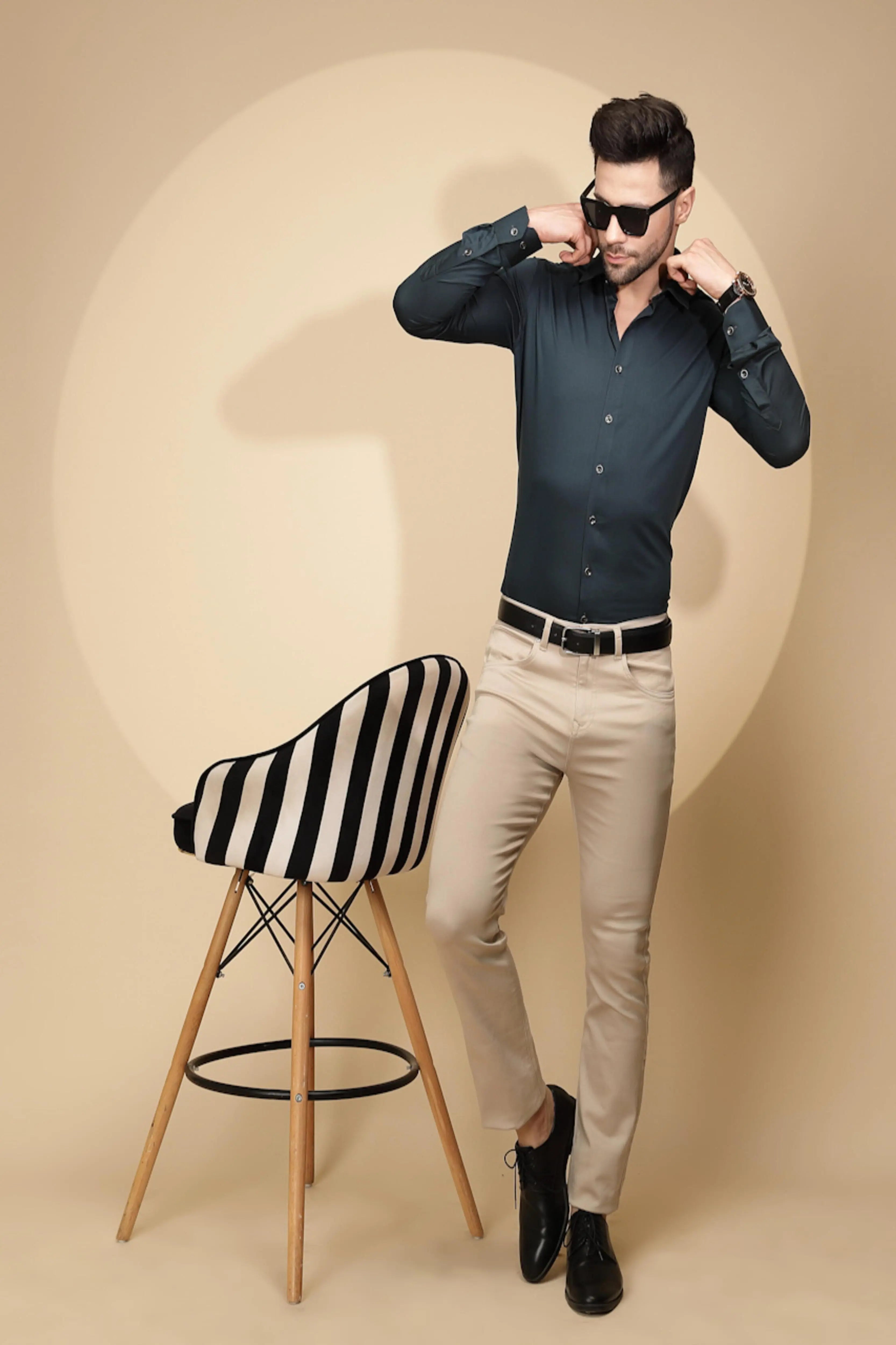 Teal Cotton Blend Regular Fit Shirt - Global Republic