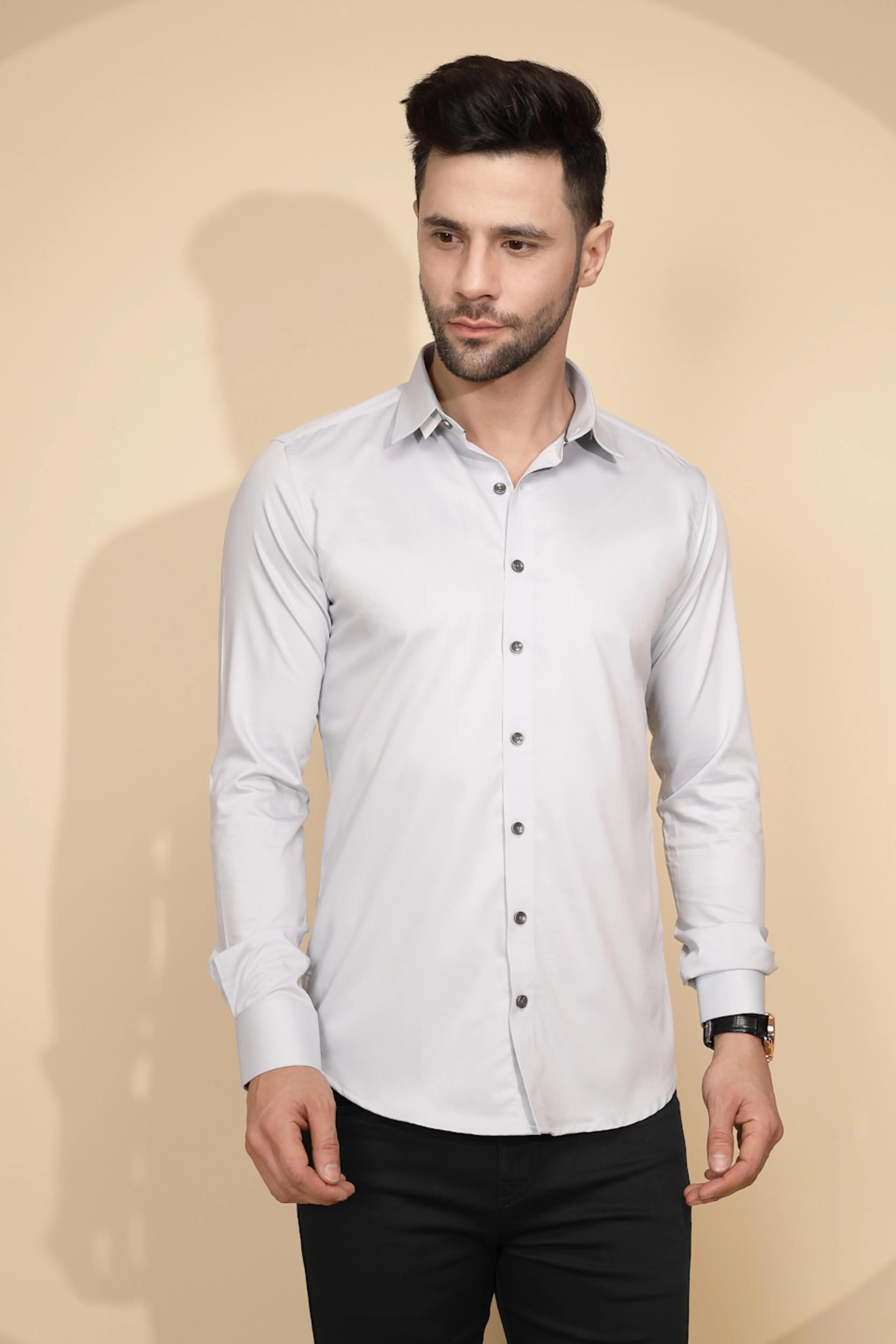 Grey Cotton Blend Regular Fit Shirt - Global Republic