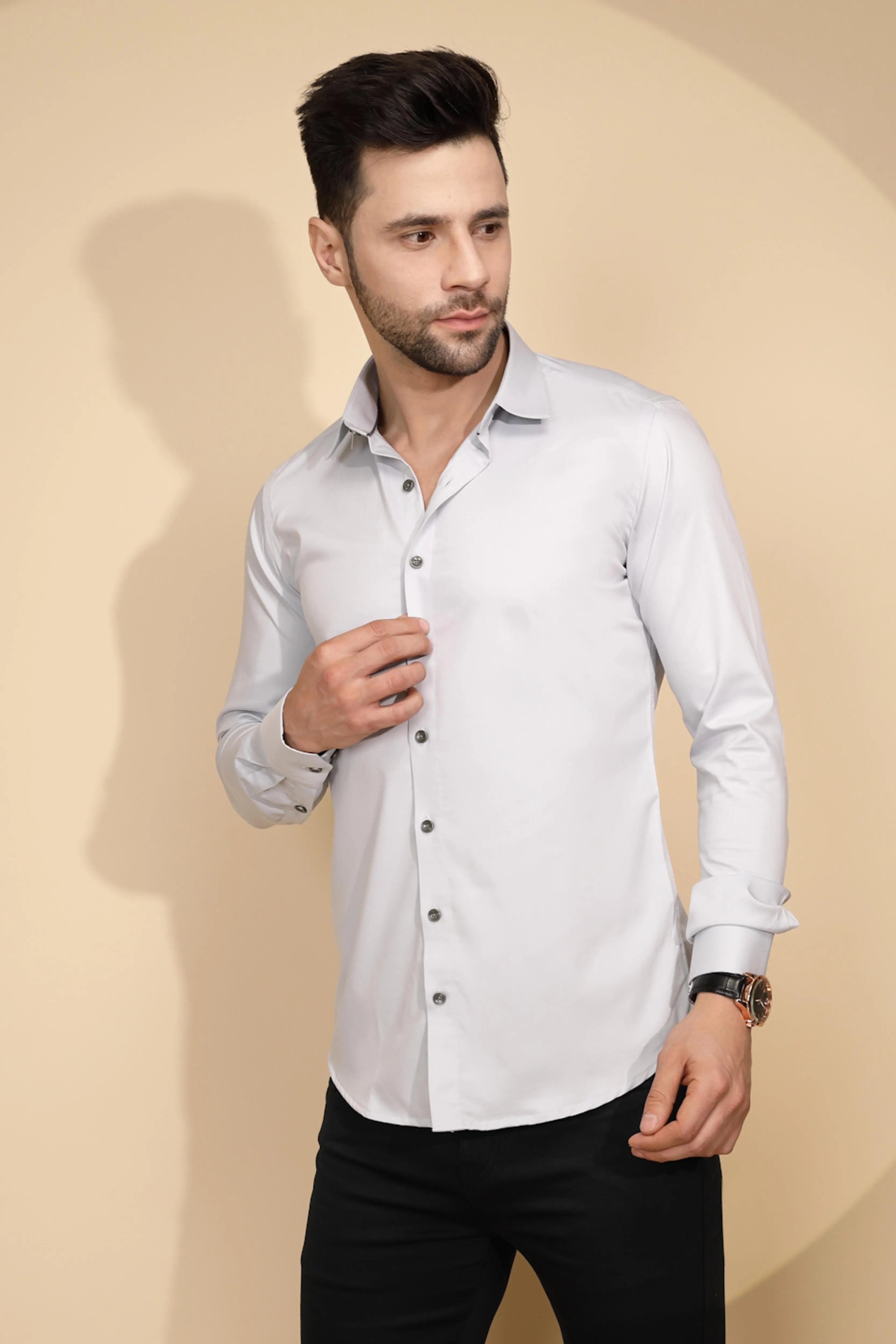 Grey Cotton Blend Regular Fit Shirt - Global Republic