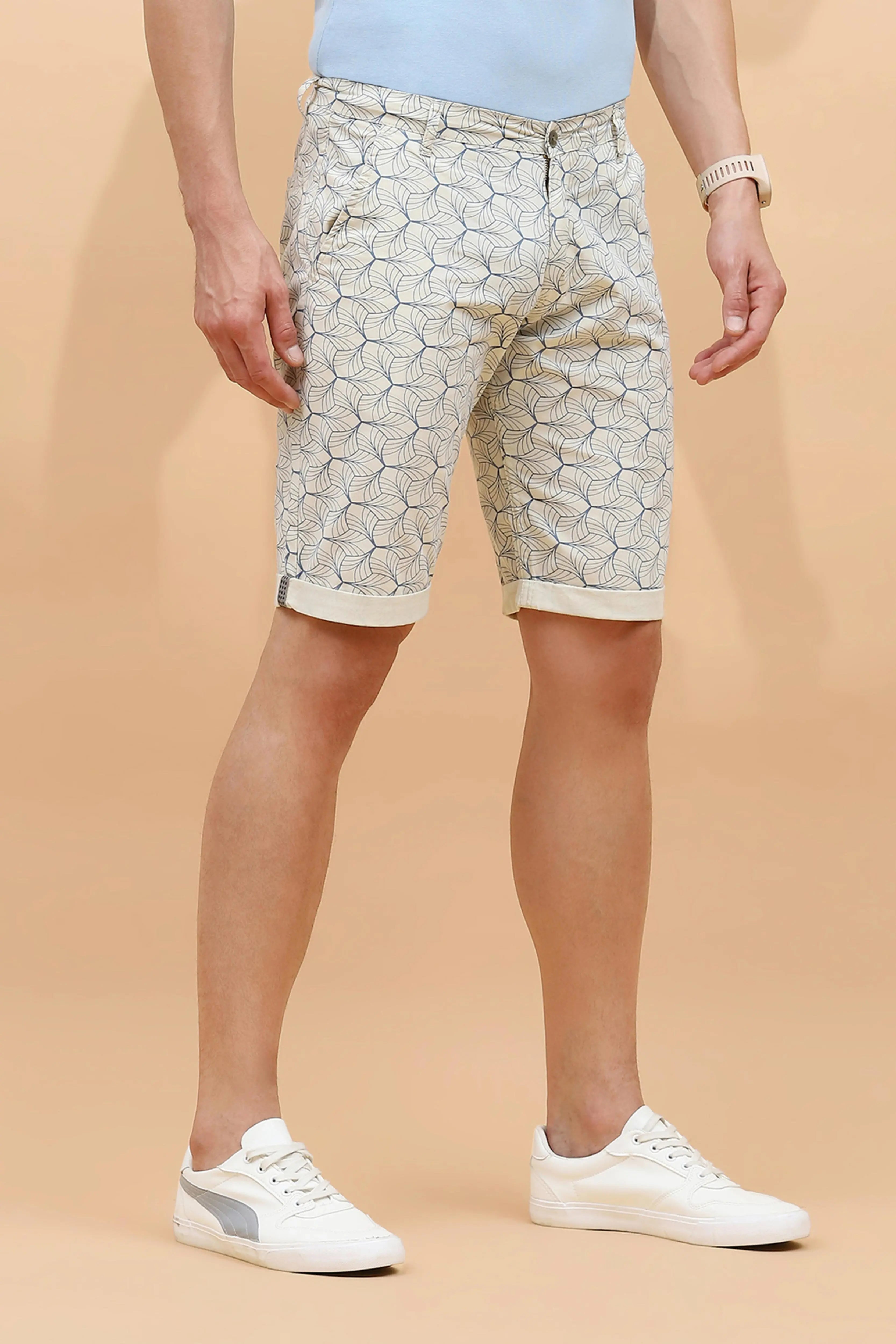 Ecru Cotton Blend Regular Fit Shorts For Men - Global Republic
