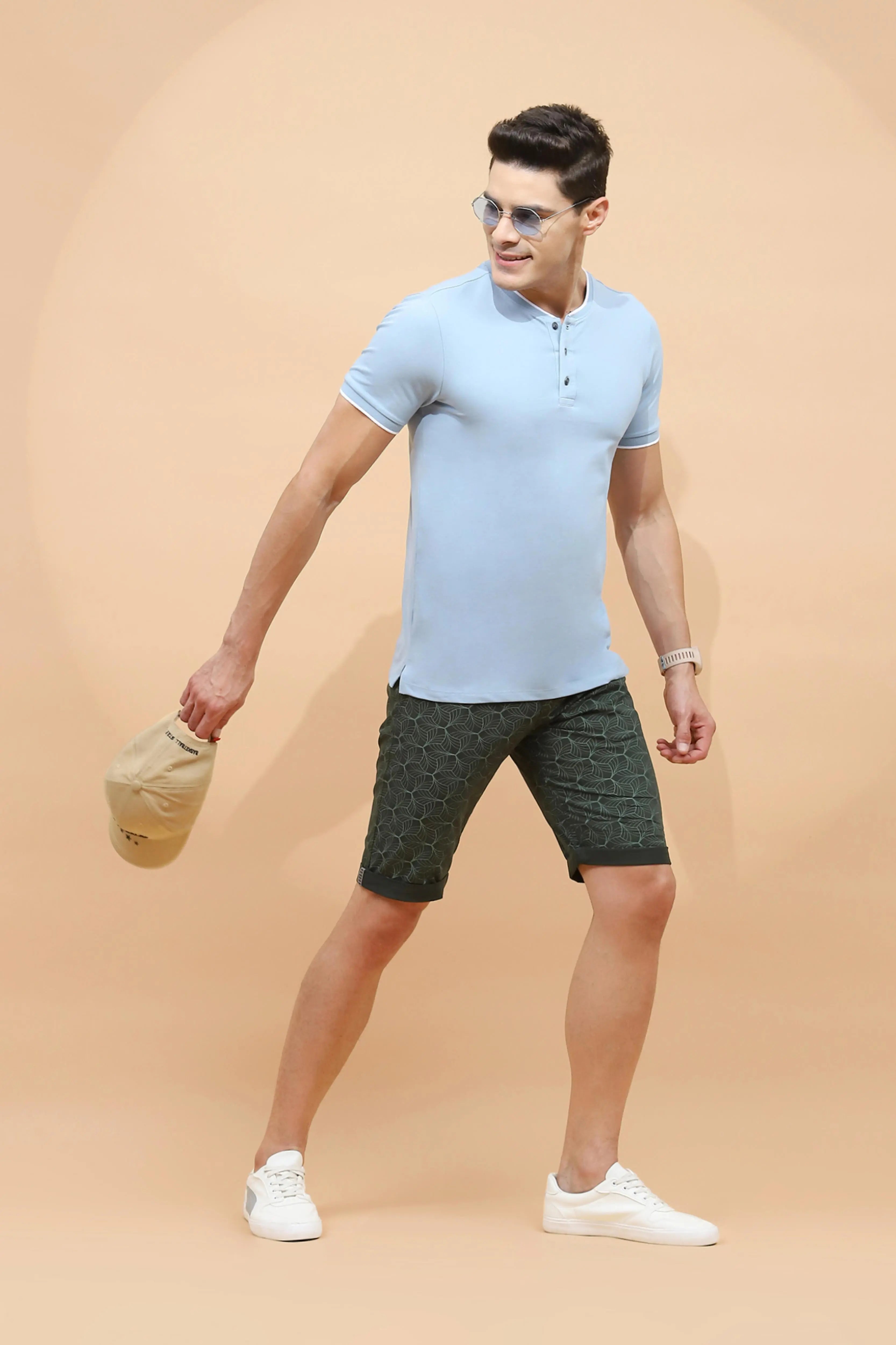 Olive Print Cotton Blend Shorts