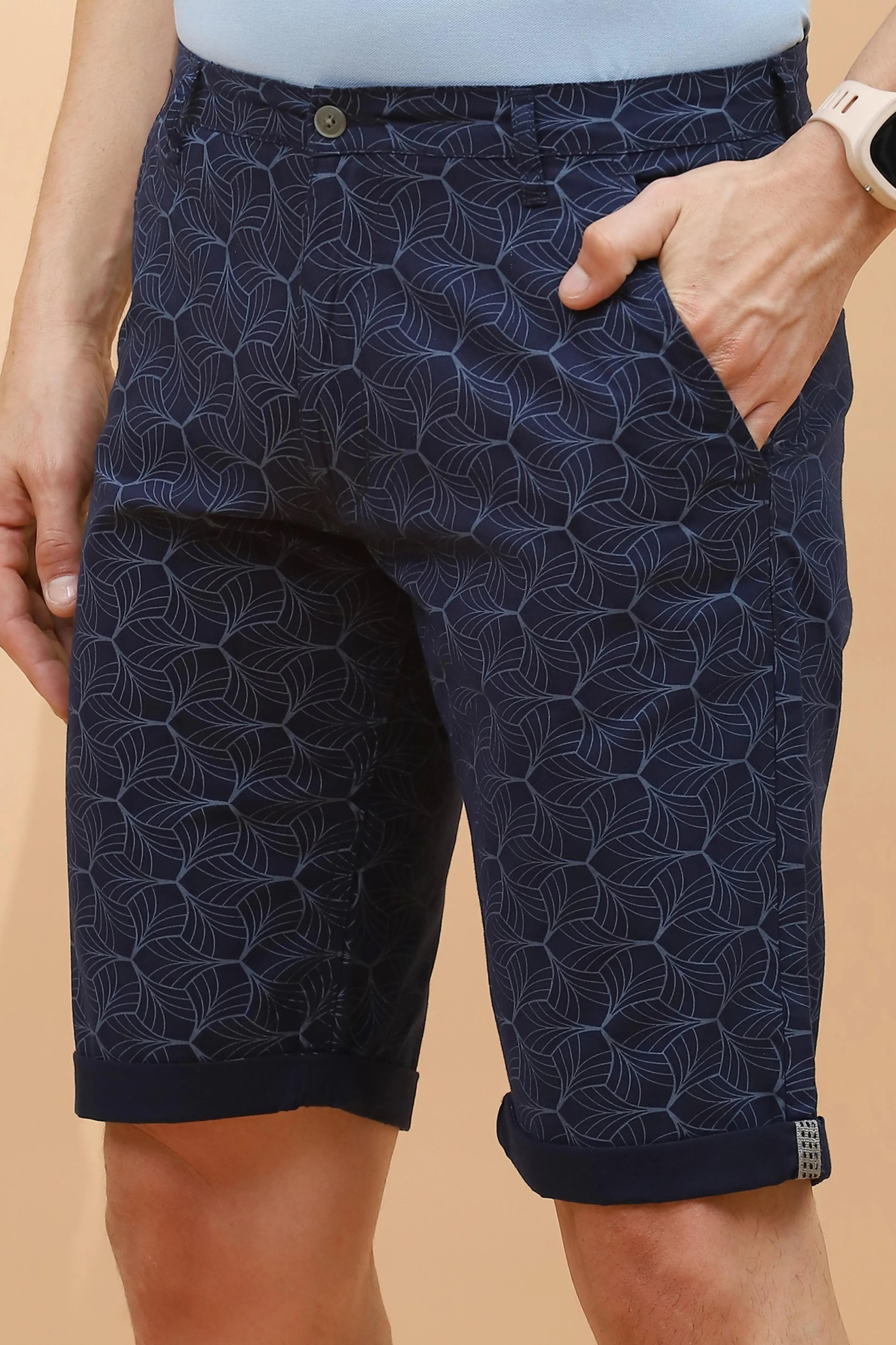 Navy Print Cotton Blend Regular Fit Shorts For Men - Global Republic