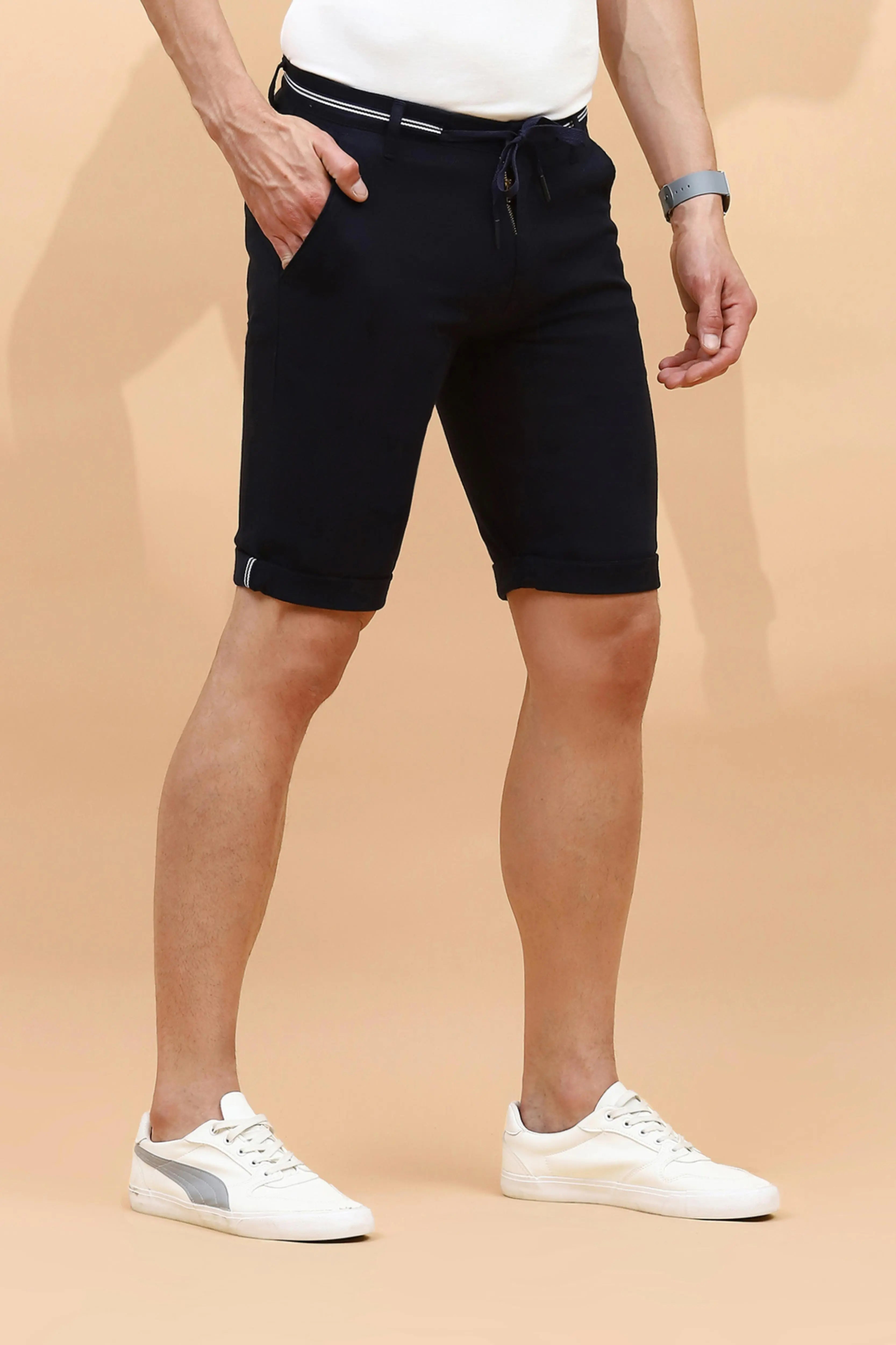 Navy Cotton Blend Regular Fit Shorts For Men - Global Republic