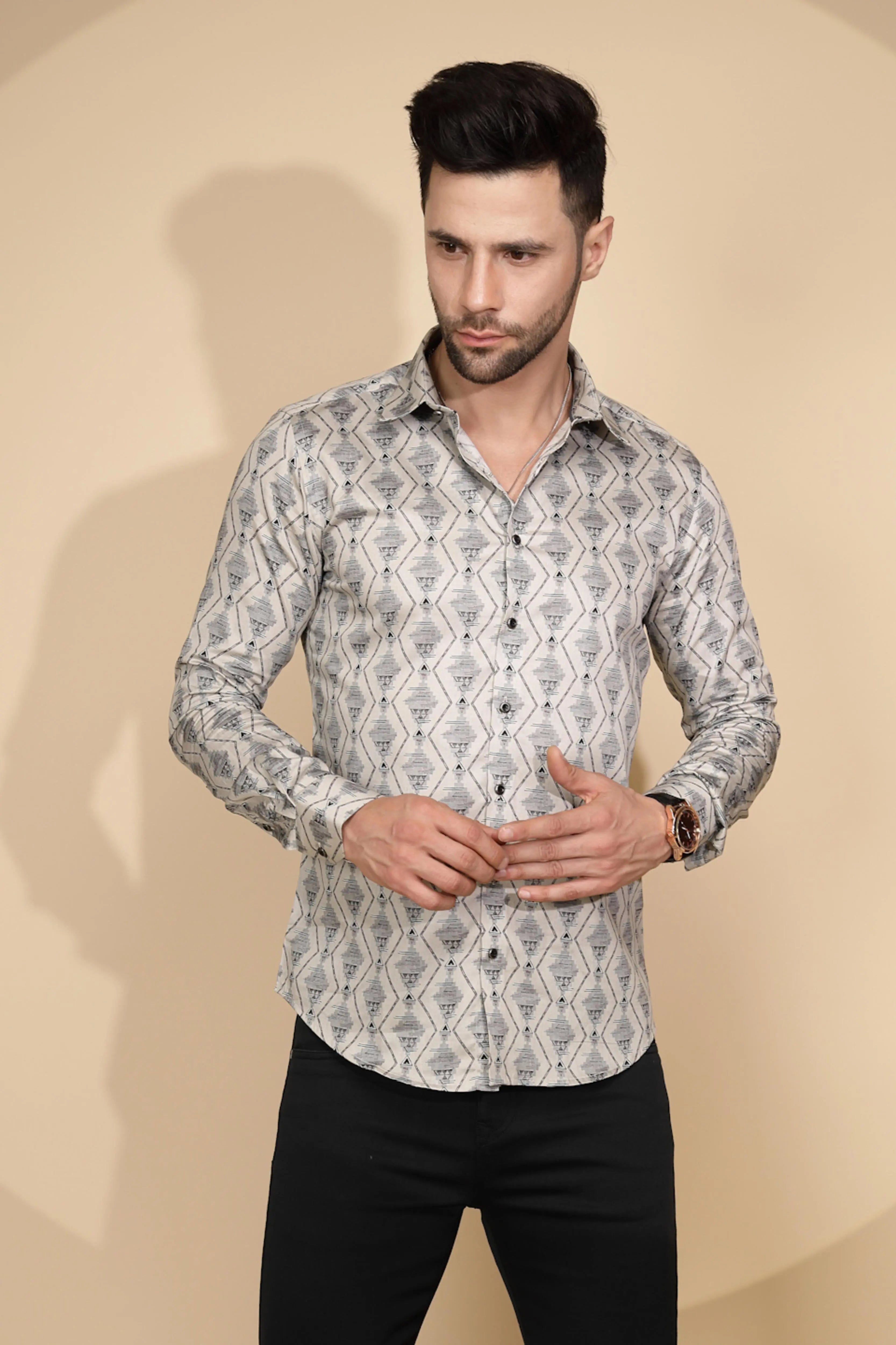 Ecru Aztec Cotton Regular Fit Shirt For Mens - Global Republic